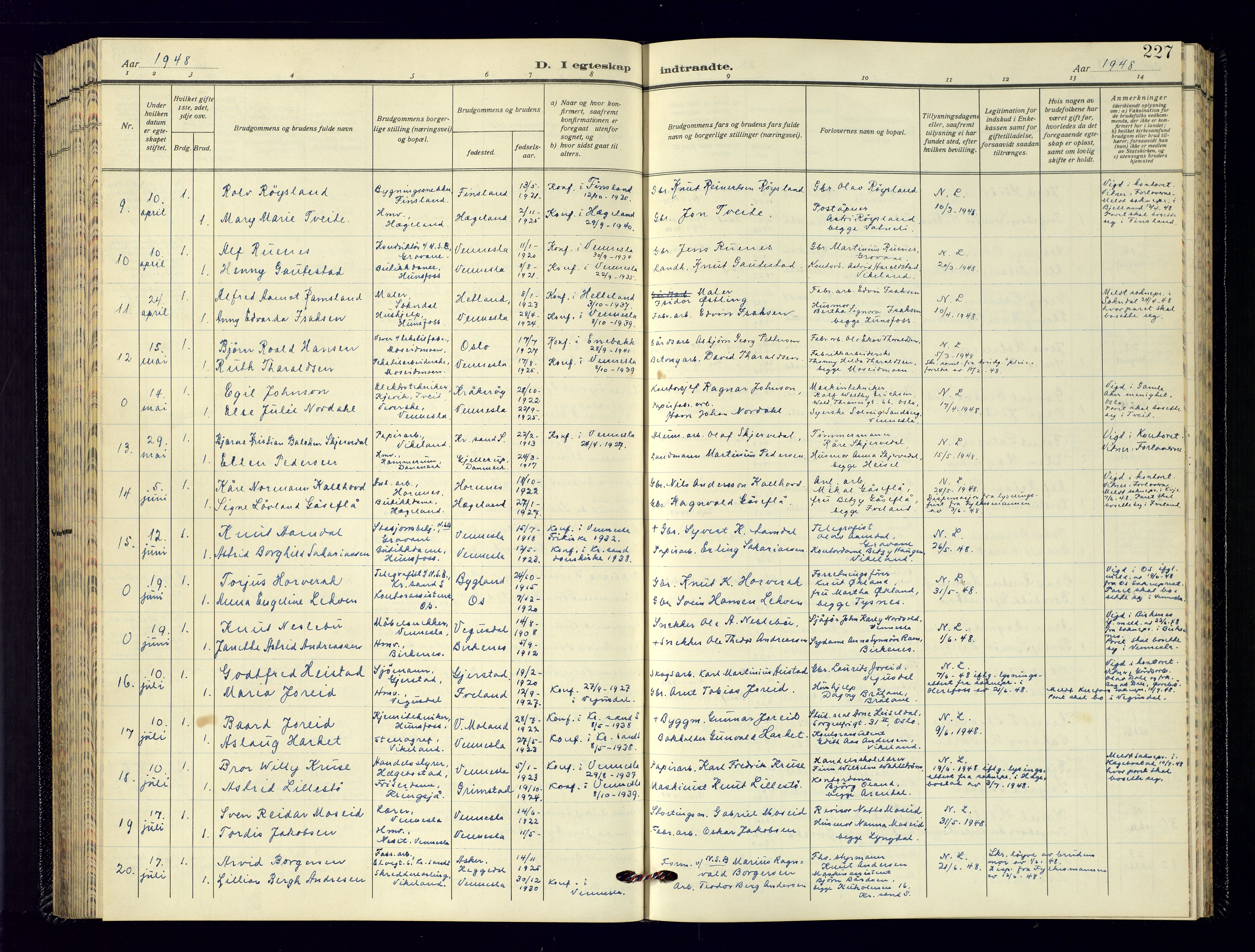 Vennesla sokneprestkontor, AV/SAK-1111-0045/Fb/Fbb/L0009: Klokkerbok nr. B-9, 1948-1961, s. 227