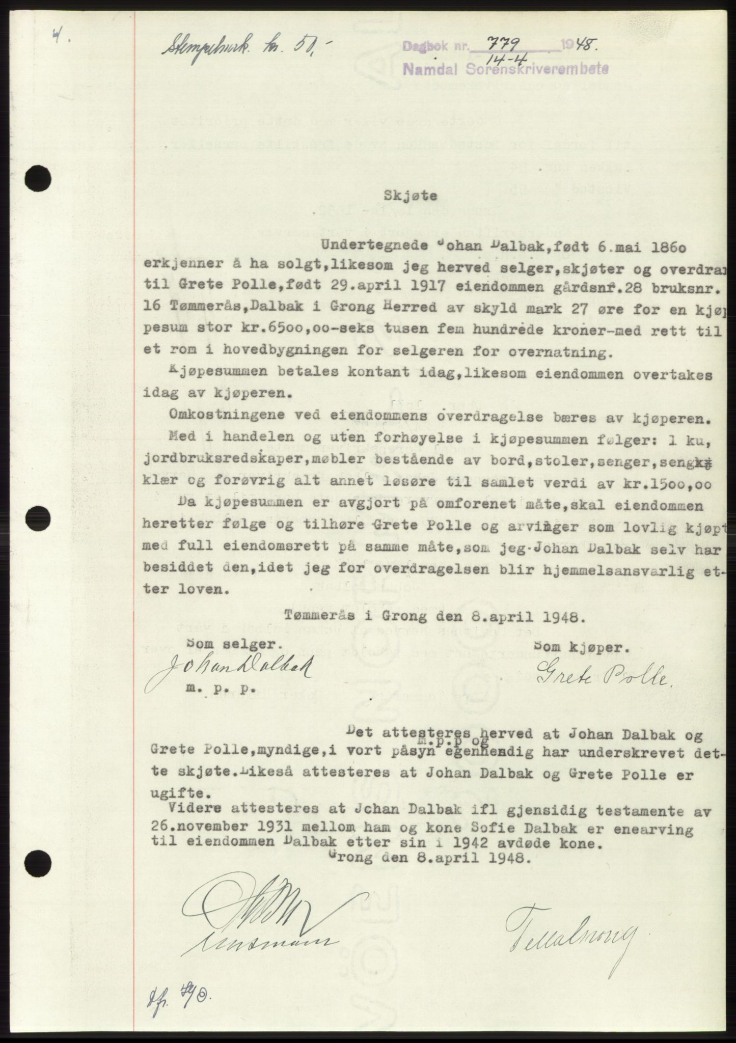 Namdal sorenskriveri, SAT/A-4133/1/2/2C: Pantebok nr. -, 1947-1948, Dagboknr: 779/1948