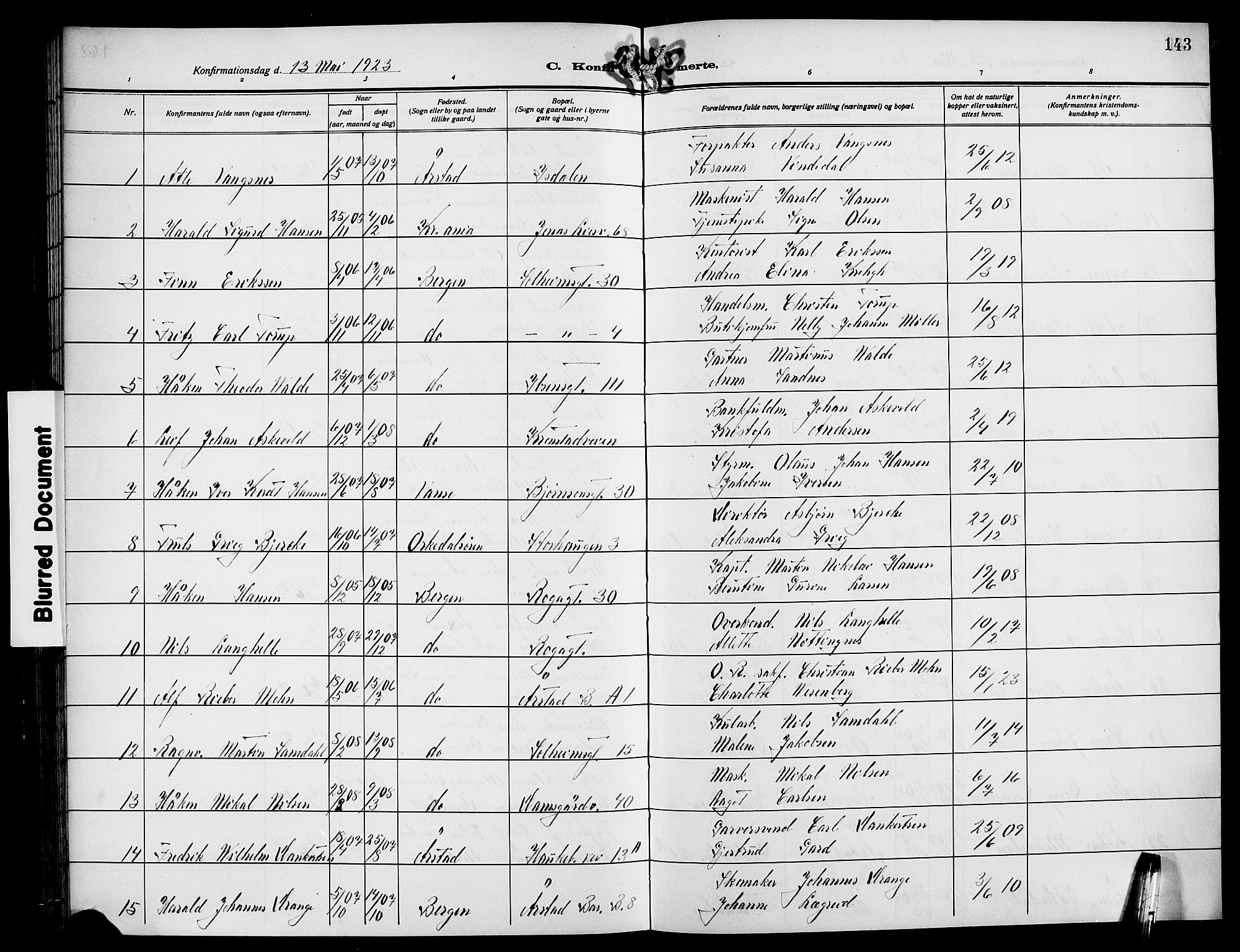 Årstad Sokneprestembete, AV/SAB-A-79301/H/Hab/L0013: Klokkerbok nr. B 3, 1914-1923, s. 143