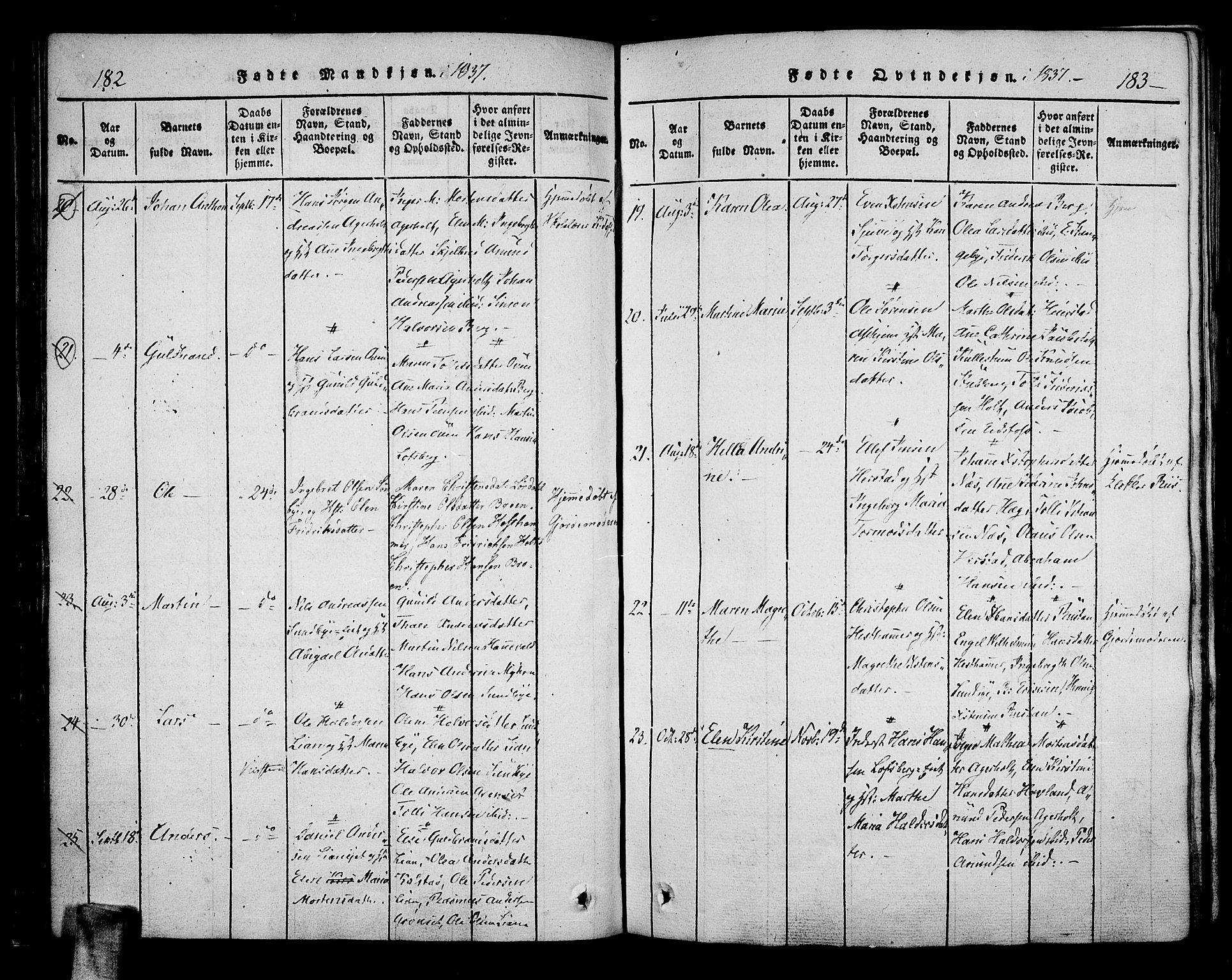 Hof kirkebøker, AV/SAKO-A-64/F/Fa/L0004: Ministerialbok nr. I 4, 1814-1843, s. 182-183