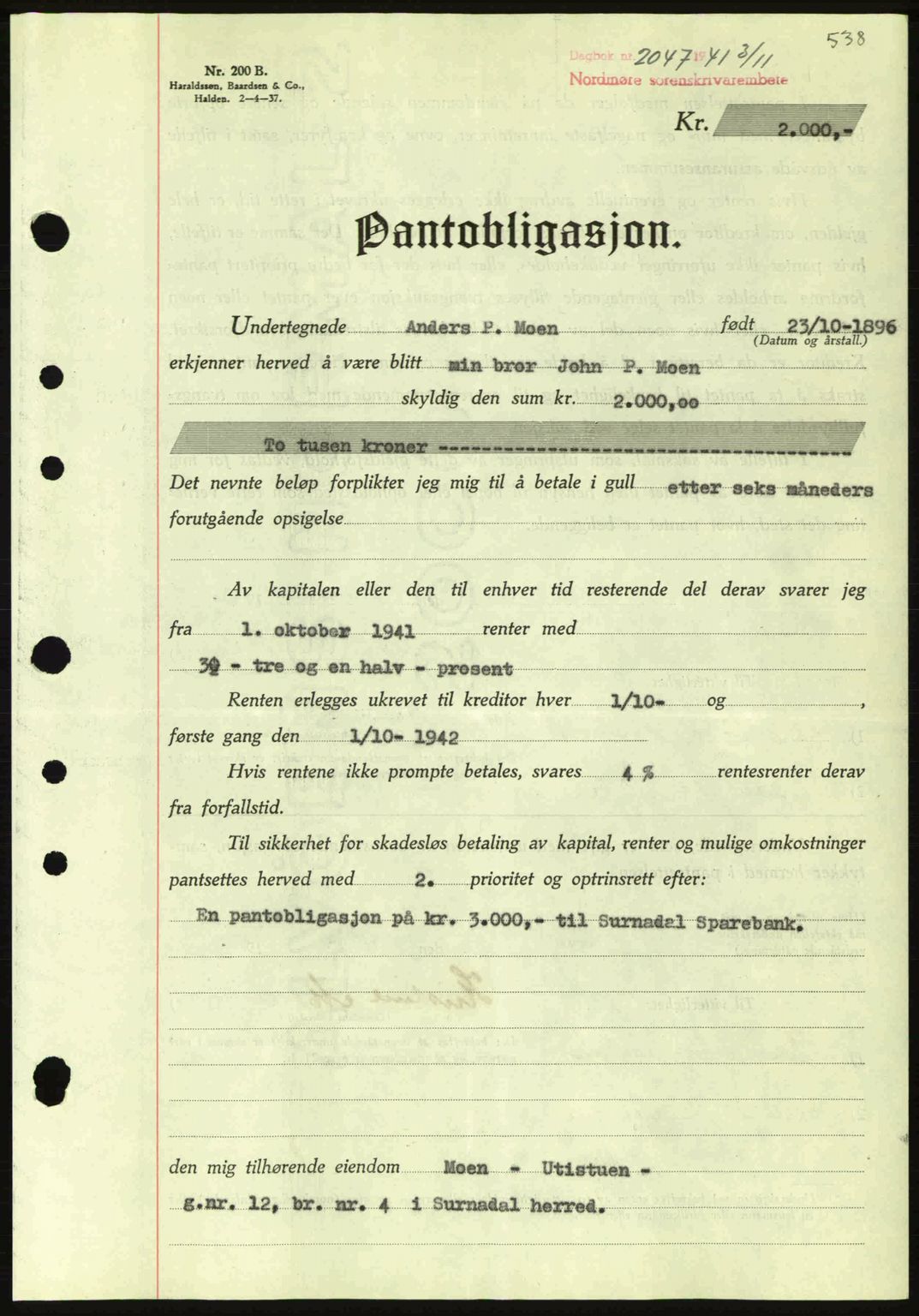 Nordmøre sorenskriveri, SAT/A-4132/1/2/2Ca: Pantebok nr. B88, 1941-1942, Dagboknr: 2047/1941