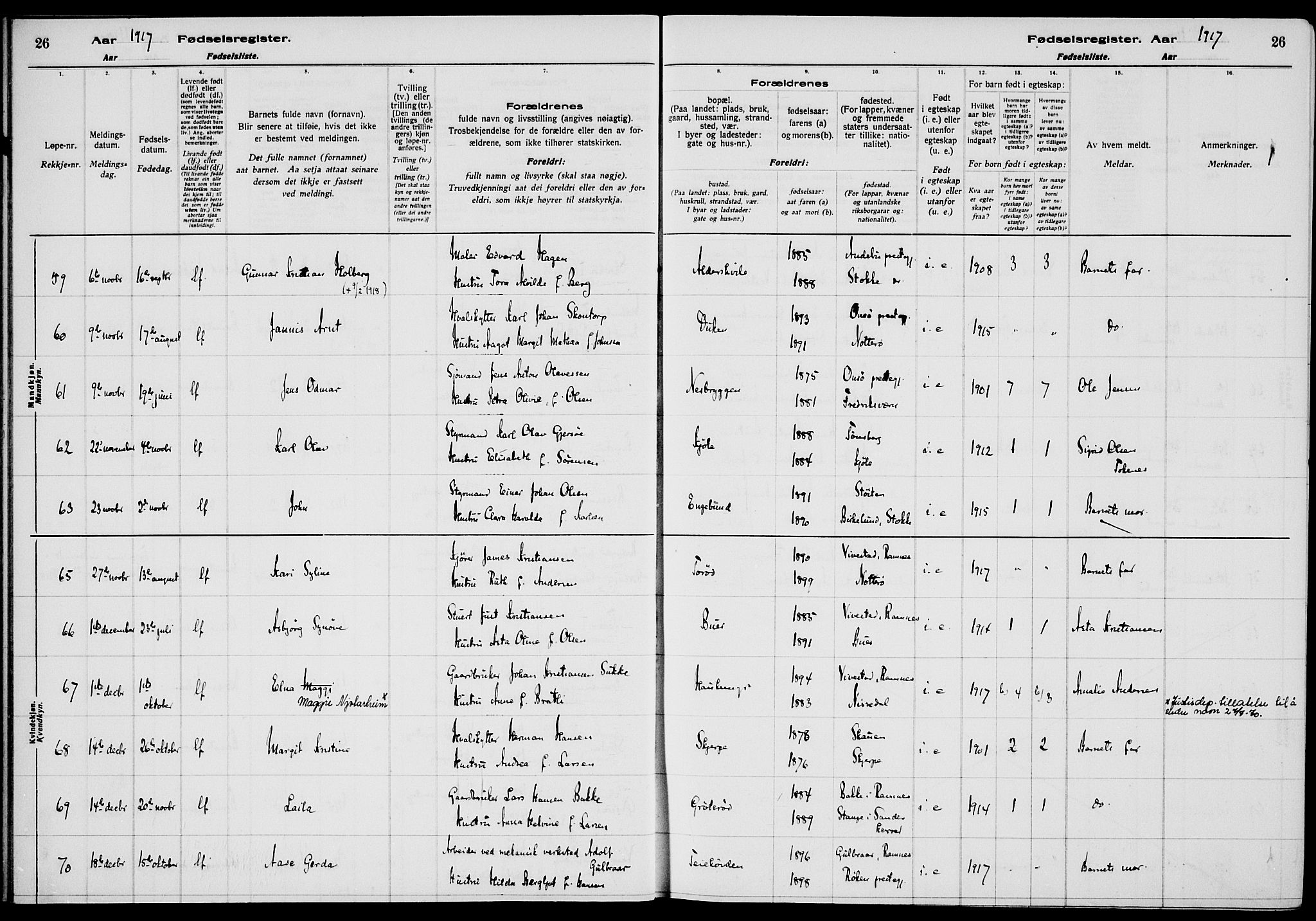 Nøtterøy kirkebøker, AV/SAKO-A-354/J/Ja/L0001: Fødselsregister nr. 1, 1916-1928, s. 26