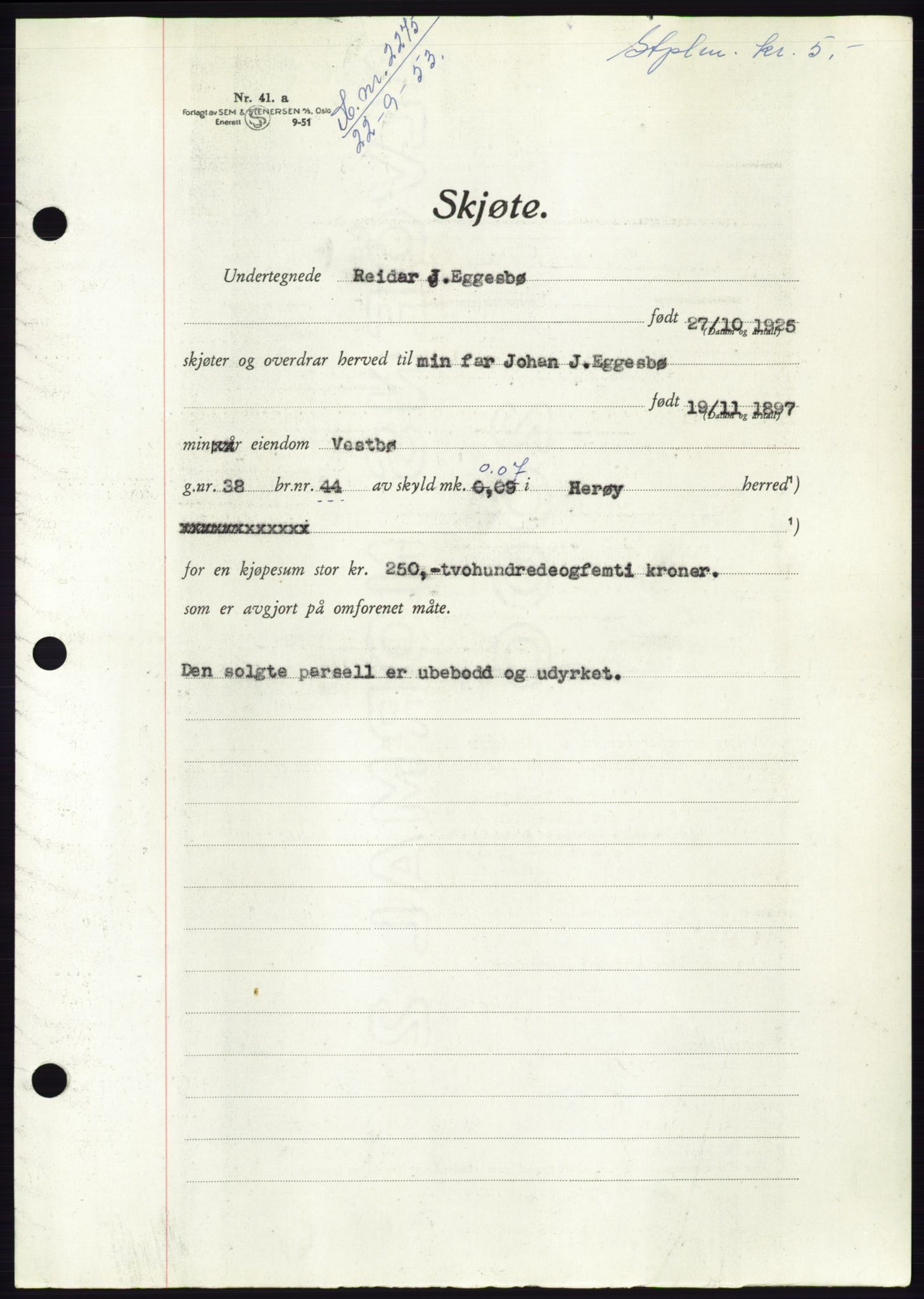 Søre Sunnmøre sorenskriveri, AV/SAT-A-4122/1/2/2C/L0095: Pantebok nr. 21A, 1953-1953, Dagboknr: 2275/1953