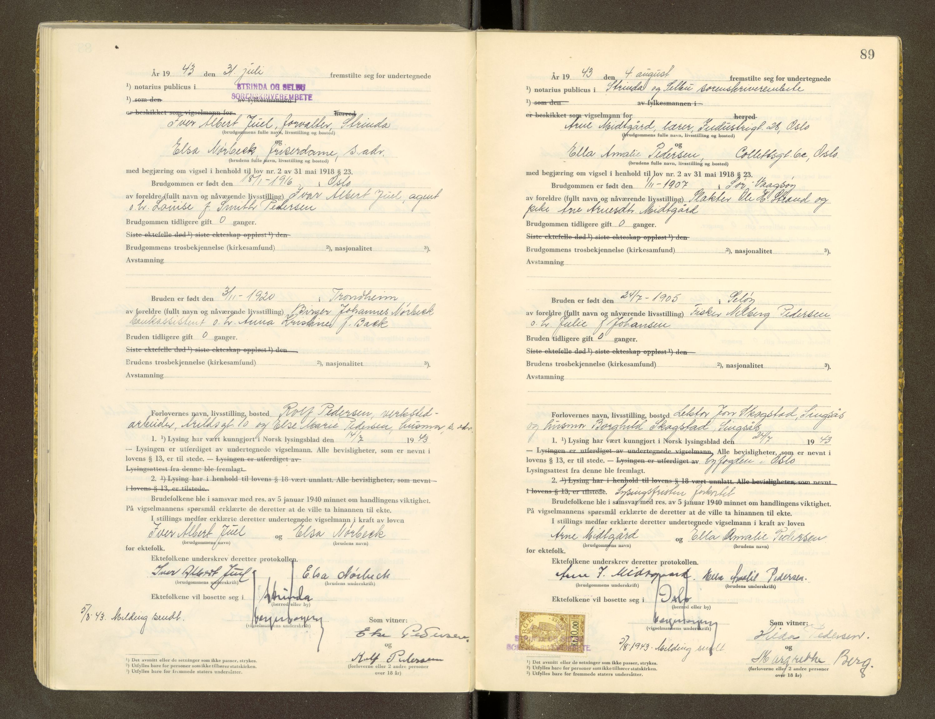Strinda og Selbu sorenskriveri, AV/SAT-A-0015/6/6D/L0005: Vigselsbok, 1942-1943, s. 89