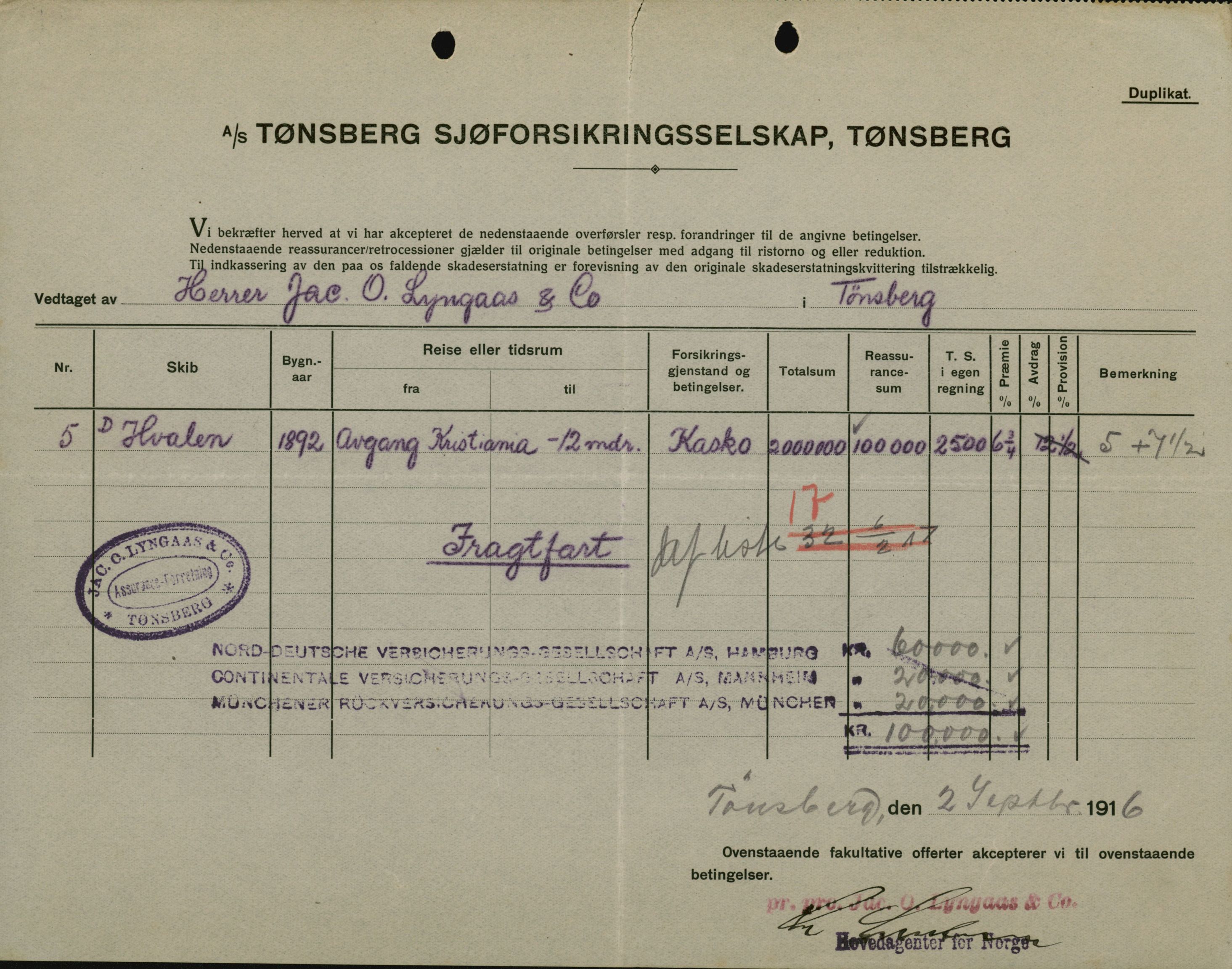 Pa 664 - Tønsberg Sjøforsikringsselskap, VEMU/A-1773/F/L0001: Forsikringspoliser, 1915-1918