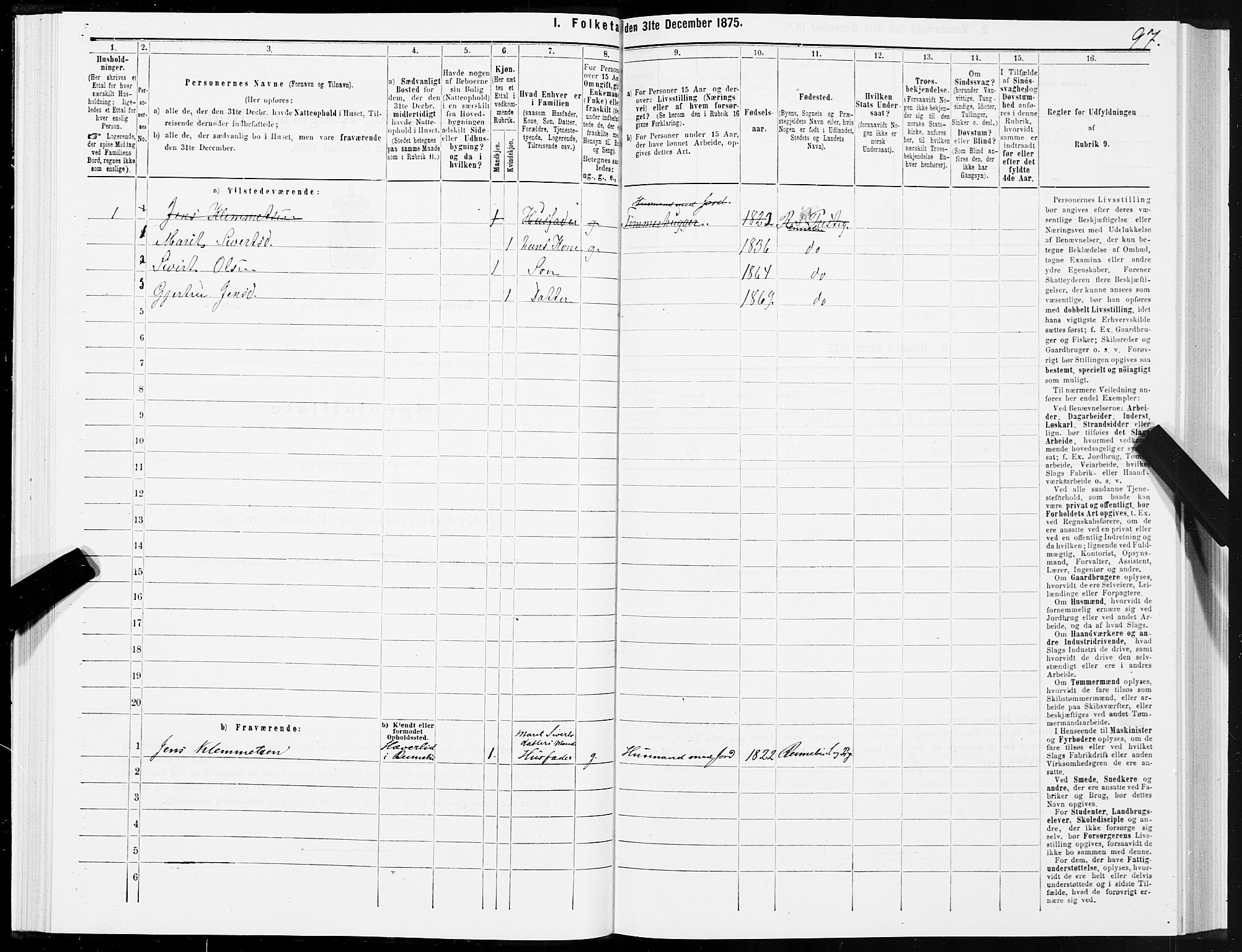 SAT, Folketelling 1875 for 1635P Rennebu prestegjeld, 1875, s. 2097