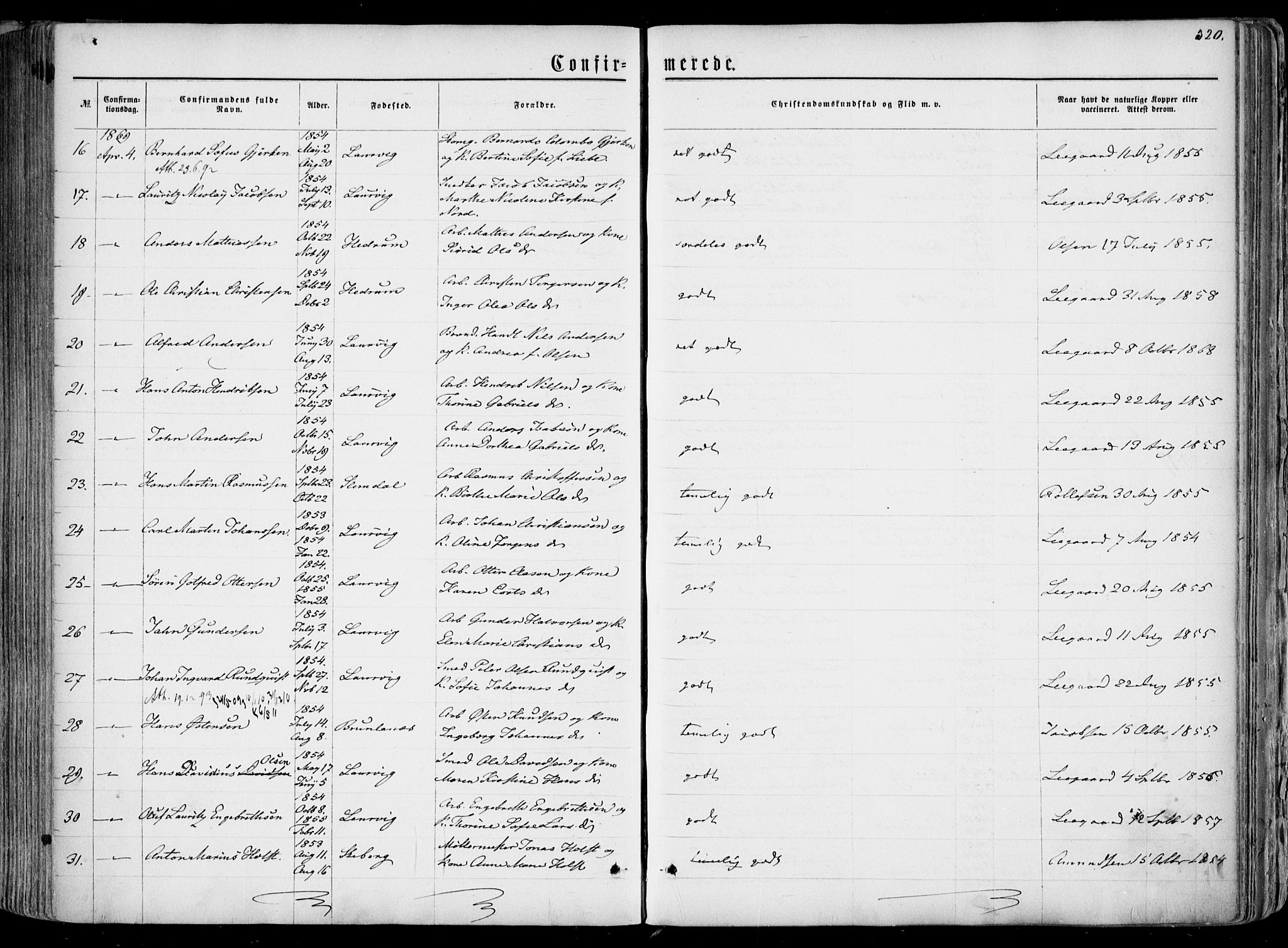 Larvik kirkebøker, AV/SAKO-A-352/F/Fa/L0004: Ministerialbok nr. I 4, 1856-1870, s. 320