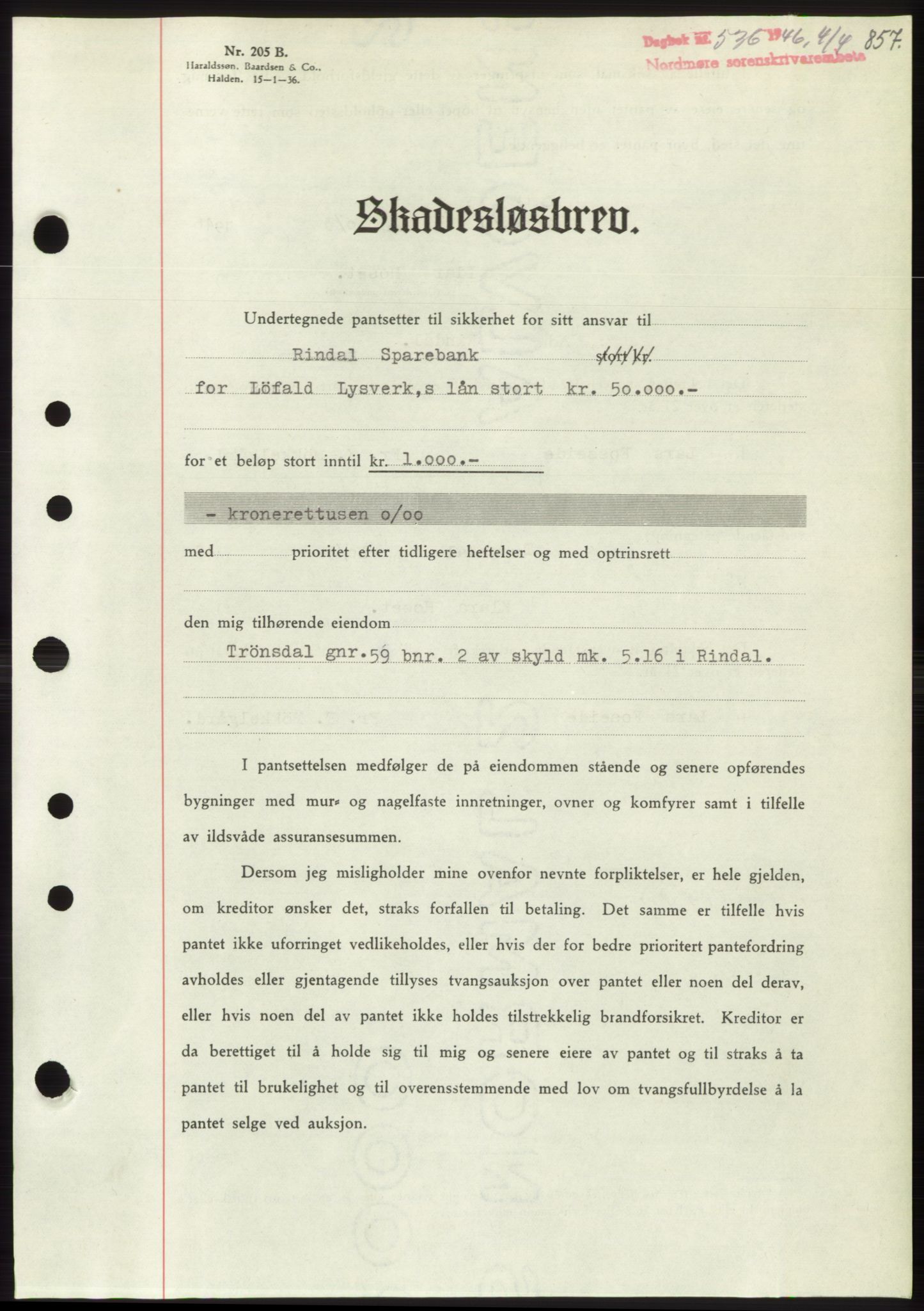 Nordmøre sorenskriveri, SAT/A-4132/1/2/2Ca: Pantebok nr. B93b, 1946-1946, Dagboknr: 536/1946