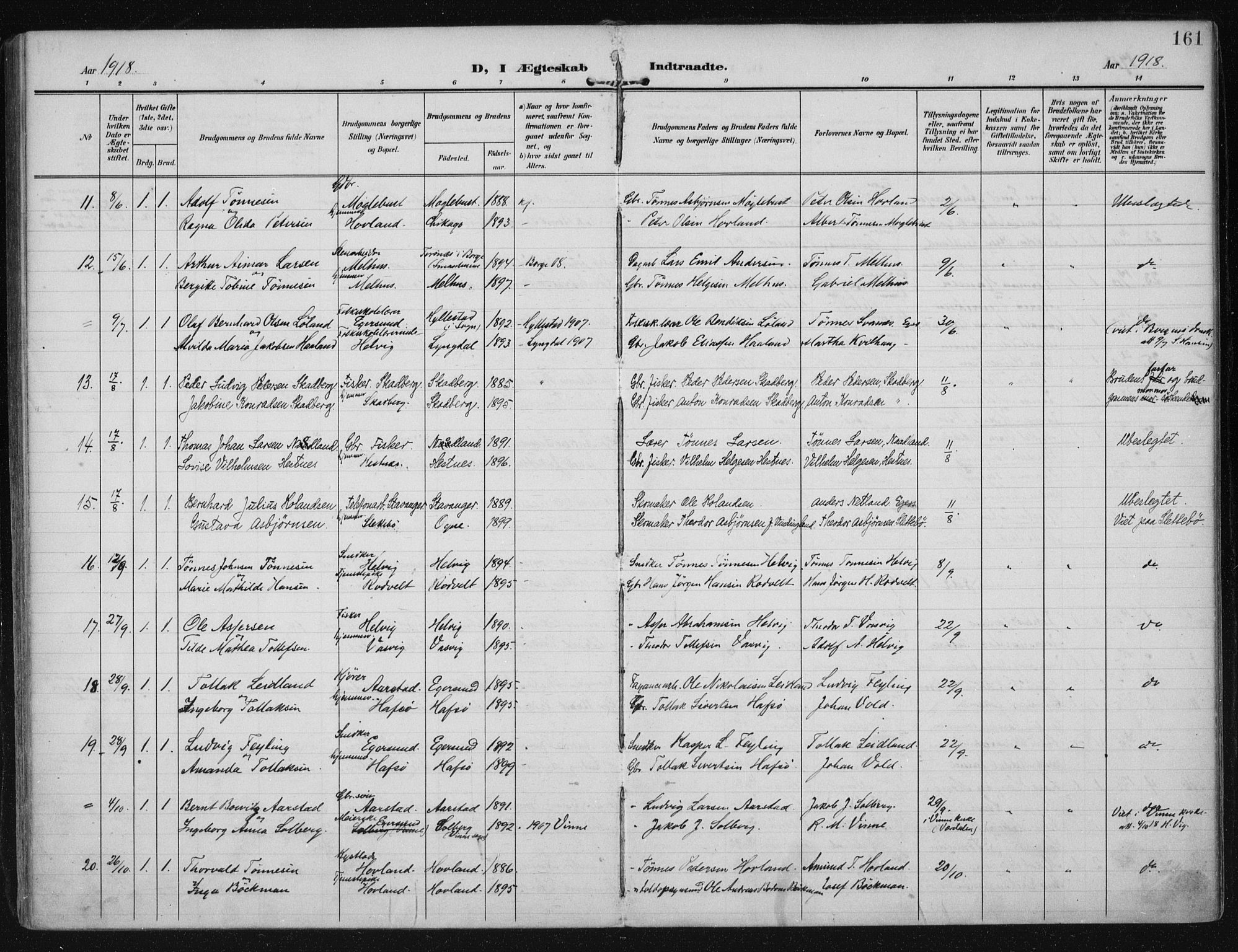 Eigersund sokneprestkontor, AV/SAST-A-101807/S08/L0021: Ministerialbok nr. A 20, 1906-1928, s. 161