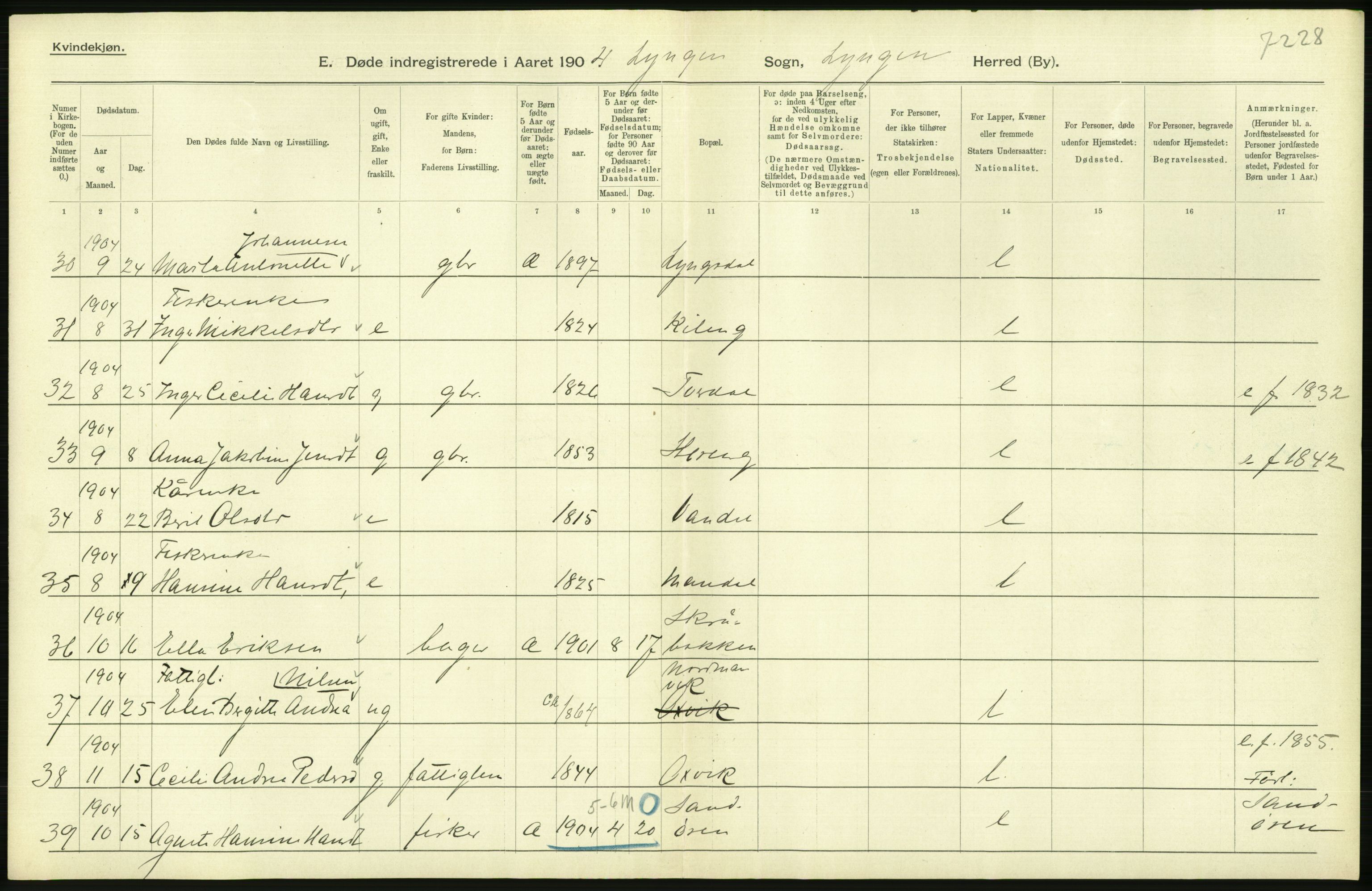 Statistisk sentralbyrå, Sosiodemografiske emner, Befolkning, AV/RA-S-2228/D/Df/Dfa/Dfab/L0022: Tromsø amt: Fødte, gifte, døde, 1904, s. 394