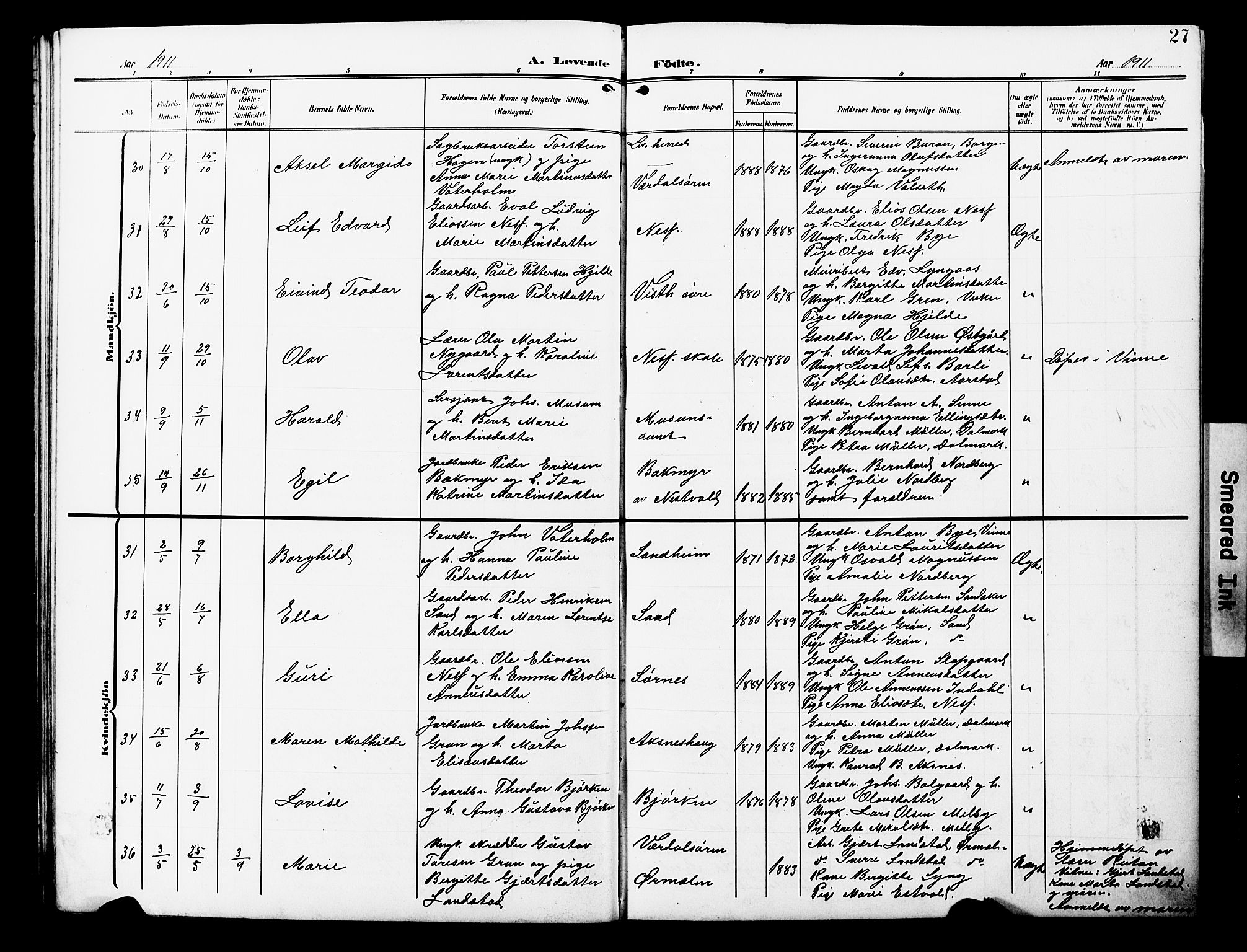 Ministerialprotokoller, klokkerbøker og fødselsregistre - Nord-Trøndelag, AV/SAT-A-1458/723/L0258: Klokkerbok nr. 723C06, 1908-1927, s. 27