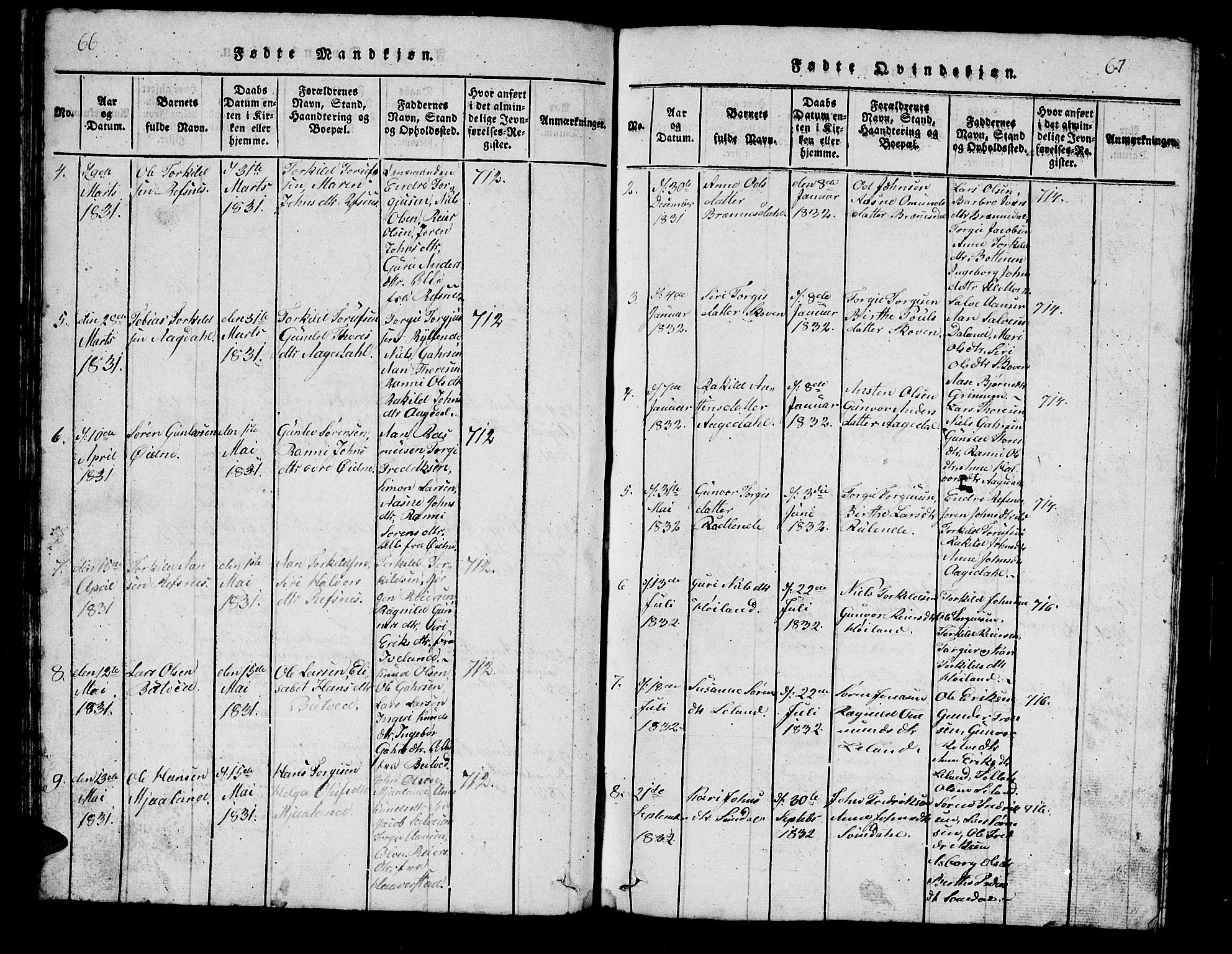 Bjelland sokneprestkontor, SAK/1111-0005/F/Fb/Fbc/L0001: Klokkerbok nr. B 1, 1815-1870, s. 66-67