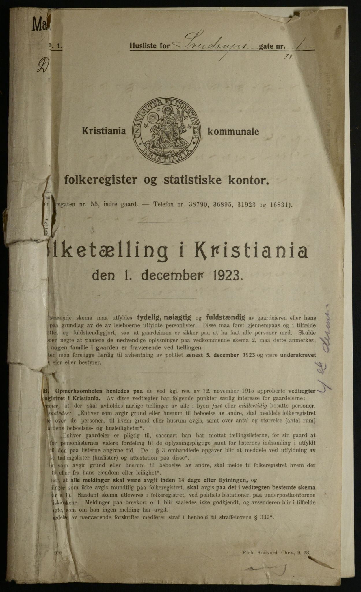 OBA, Kommunal folketelling 1.12.1923 for Kristiania, 1923, s. 116228