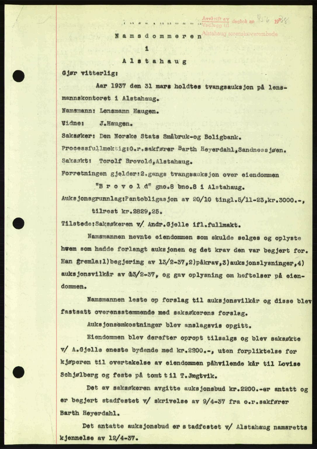 Alstahaug sorenskriveri, SAT/A-1009: Pantebok nr. A3, 1937-1938, Dagboknr: 456/1938