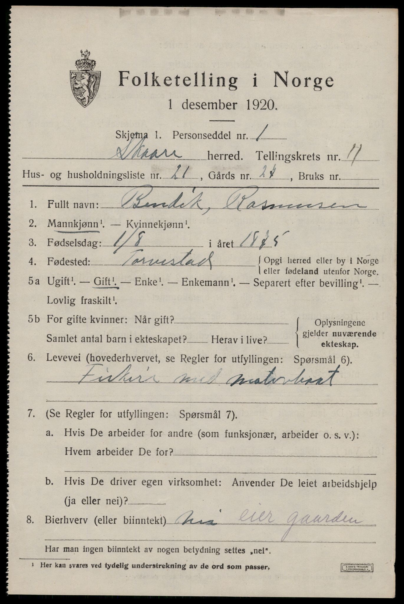 SAST, Folketelling 1920 for 1153 Skåre herred, 1920, s. 8464