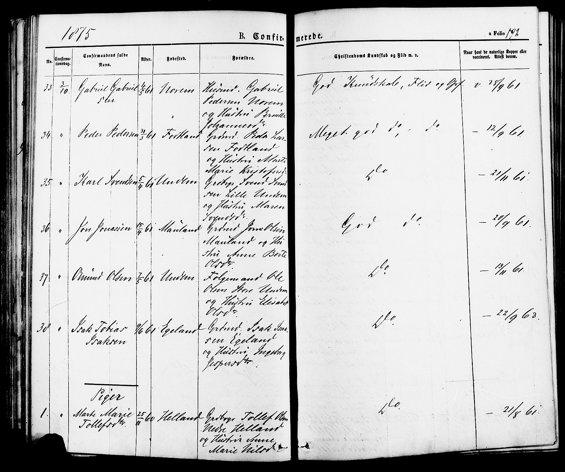 Lye sokneprestkontor, AV/SAST-A-101794/001/30BA/L0008: Ministerialbok nr. A 7, 1872-1881, s. 192