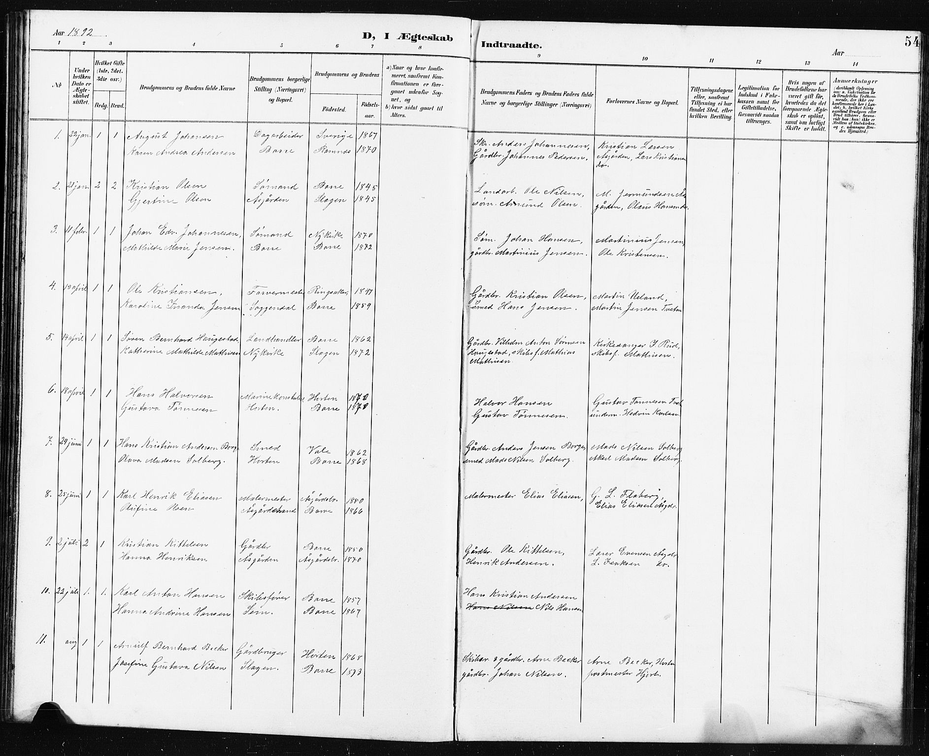 Borre kirkebøker, AV/SAKO-A-338/G/Ga/L0004: Klokkerbok nr. I 4, 1892-1913, s. 54