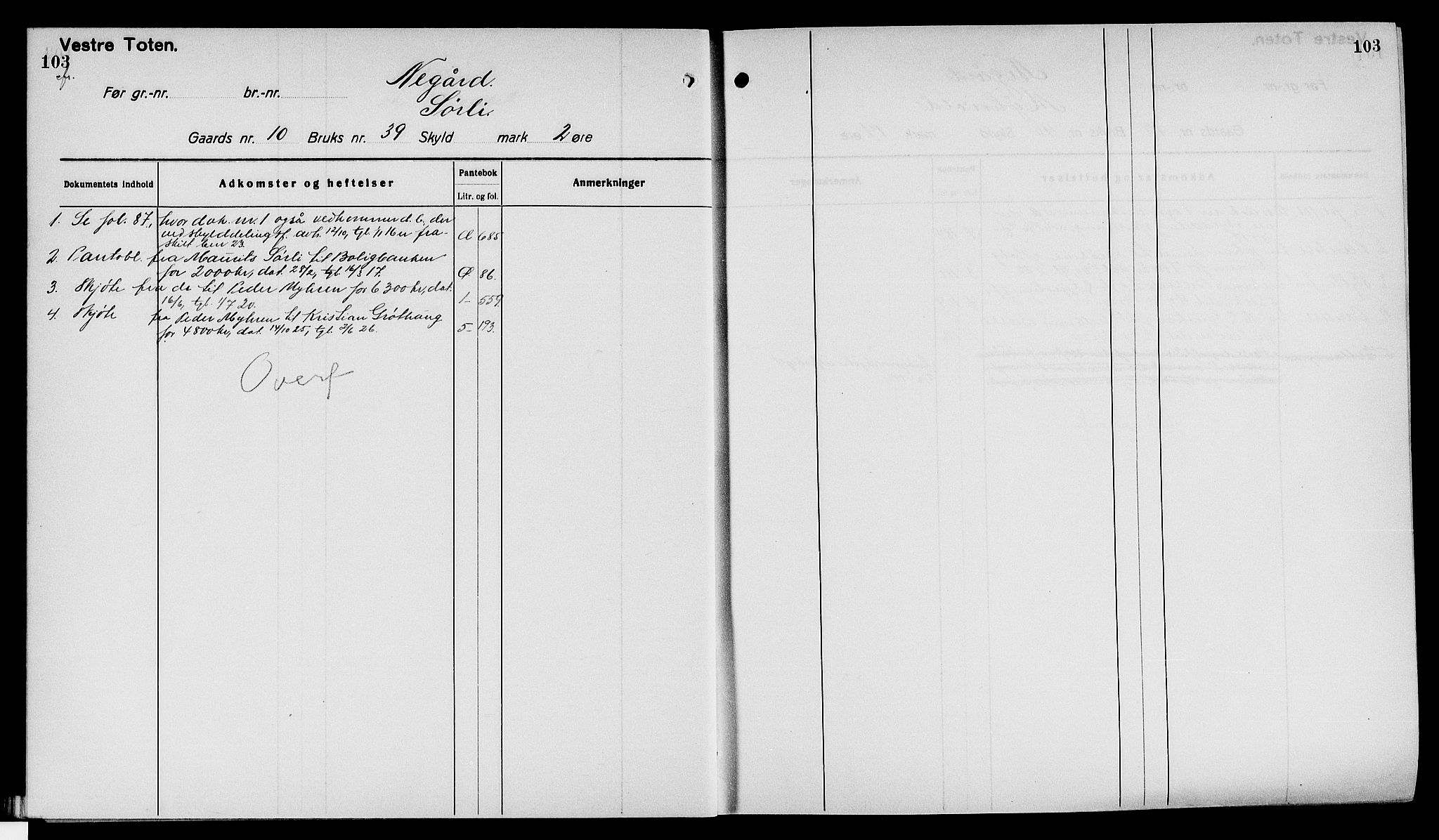 Toten tingrett, AV/SAH-TING-006/H/Ha/Haa/L0040: Panteregister nr. 40, 1925, s. 103