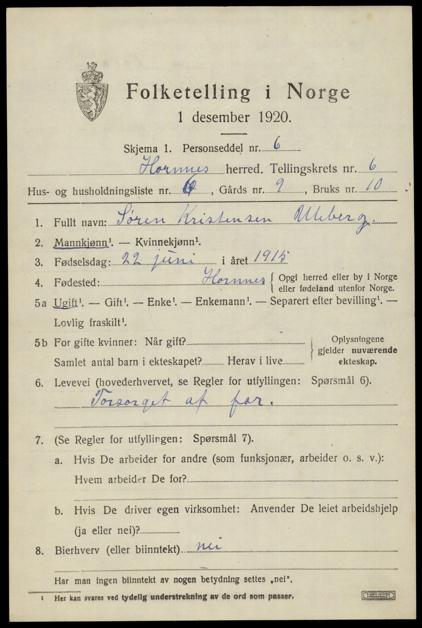 SAK, Folketelling 1920 for 0936 Hornnes herred, 1920, s. 1623