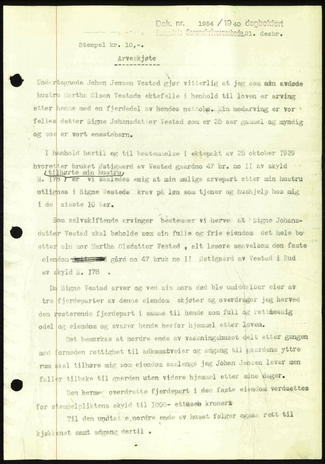 Romsdal sorenskriveri, SAT/A-4149/1/2/2C: Pantebok nr. A9, 1940-1941, Dagboknr: 1954/1940