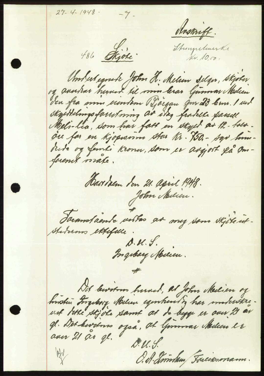 Gauldal sorenskriveri, SAT/A-0014/1/2/2C: Pantebok nr. A5, 1947-1948, Dagboknr: 486/1948