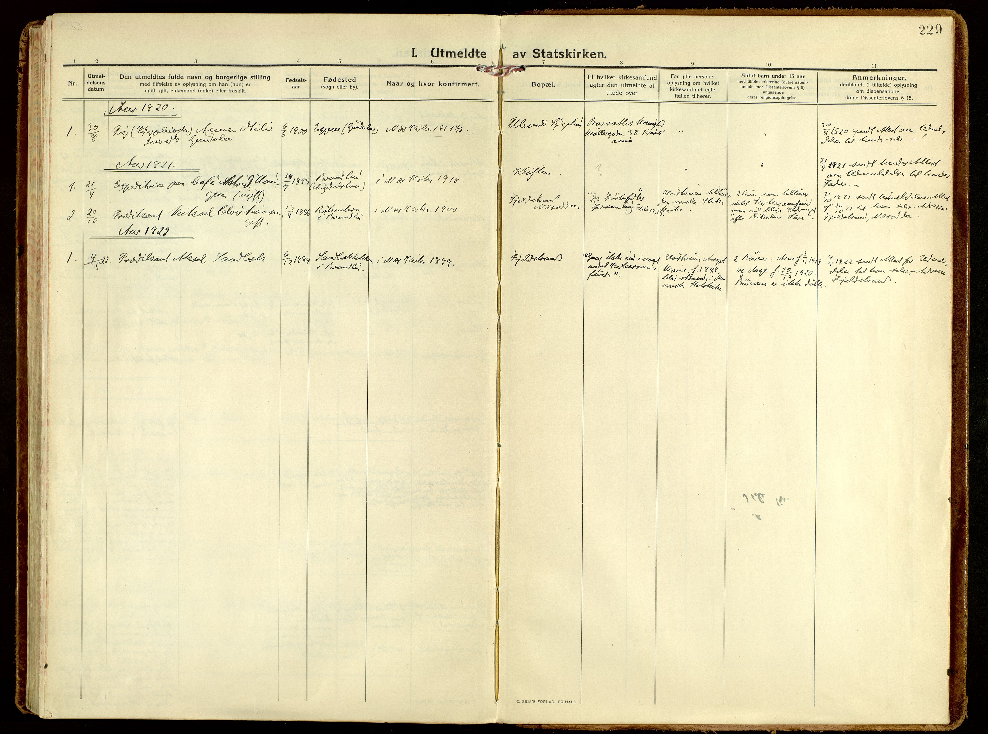 Brandbu prestekontor, SAH/PREST-114/H/Ha/Haa/L0004: Ministerialbok nr. 4, 1913-1923, s. 229