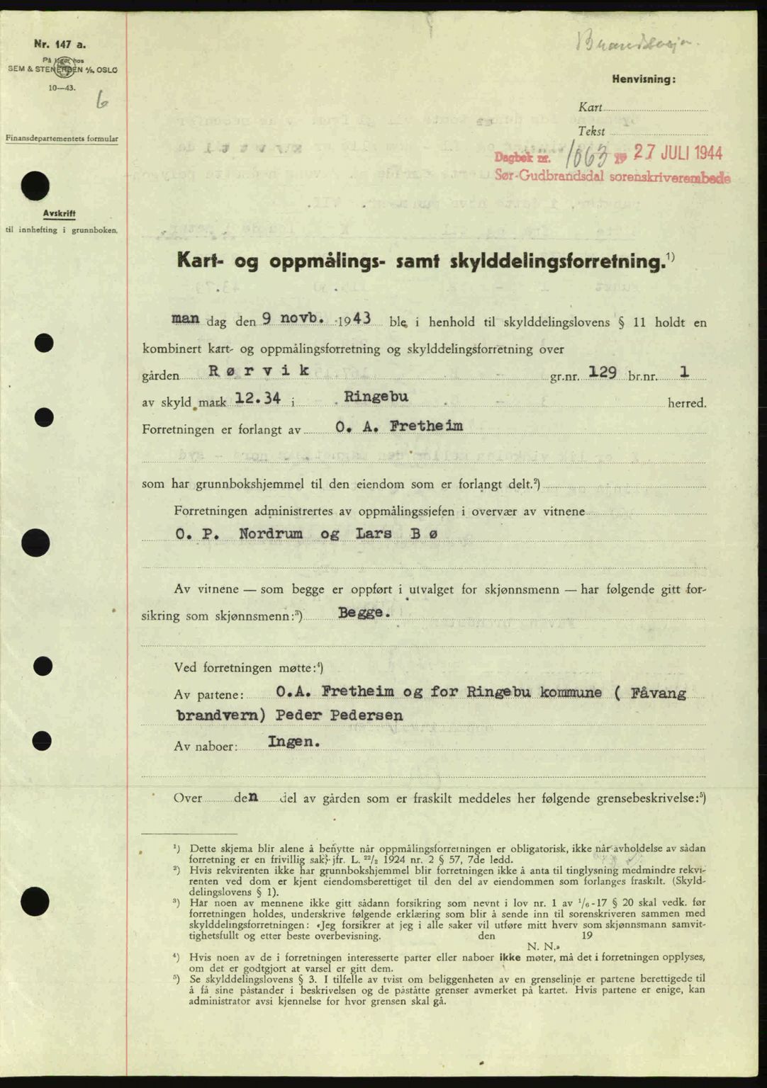 Sør-Gudbrandsdal tingrett, SAH/TING-004/H/Hb/Hbd/L0013: Pantebok nr. A13, 1944-1944, Dagboknr: 1063/1944