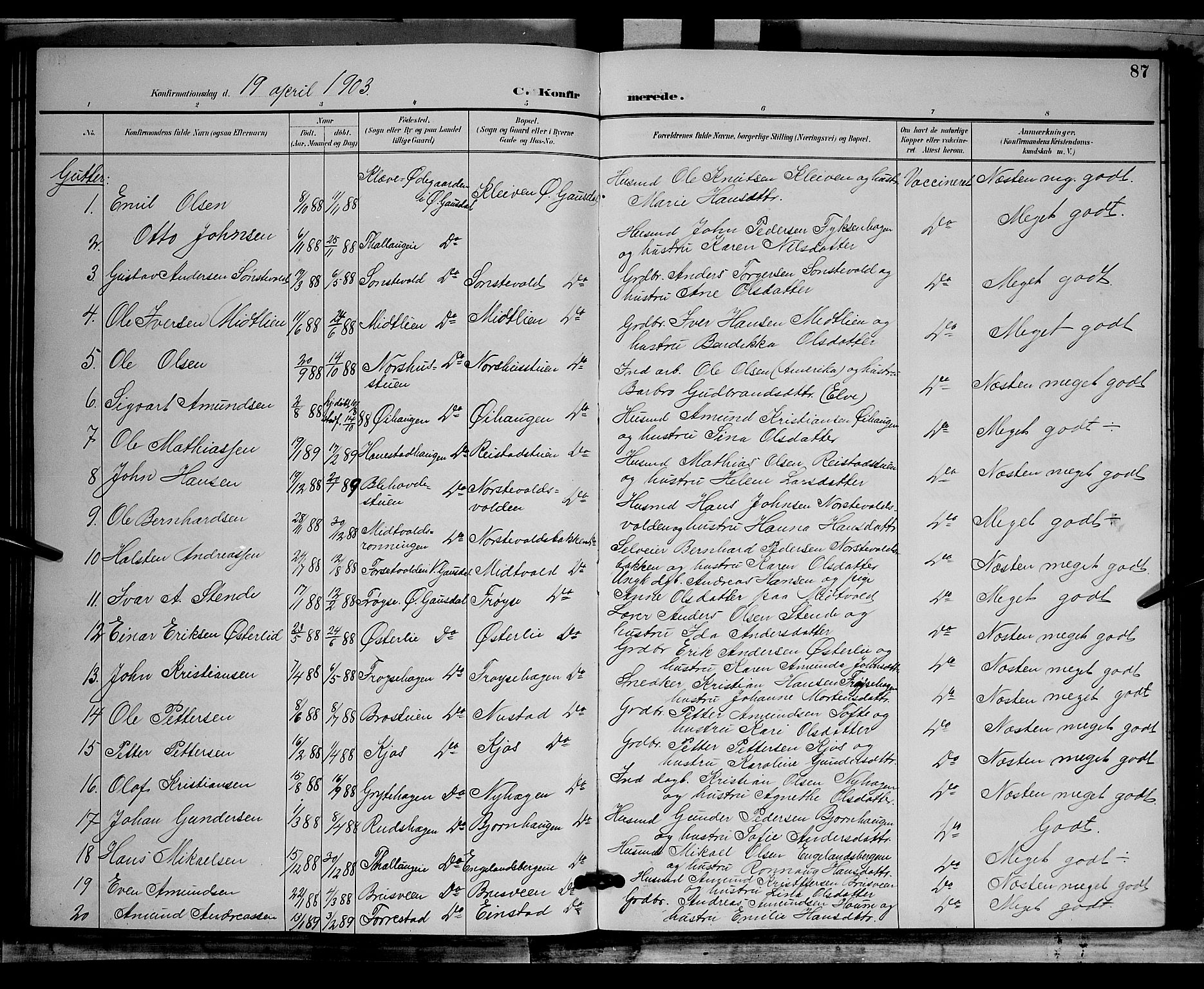 Østre Gausdal prestekontor, AV/SAH-PREST-092/H/Ha/Hab/L0002: Klokkerbok nr. 2, 1894-1904, s. 87