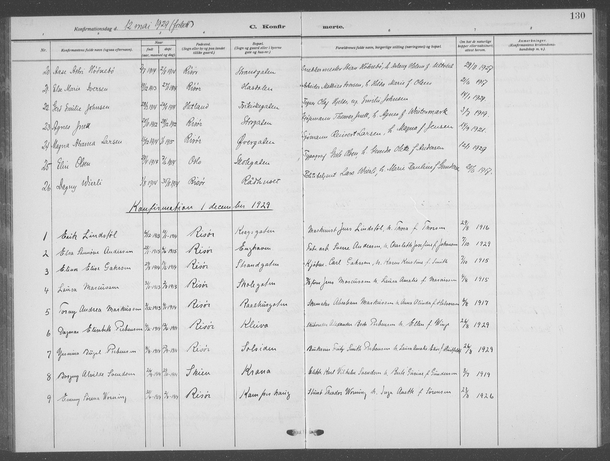 Risør sokneprestkontor, AV/SAK-1111-0035/F/Fb/L0009: Klokkerbok nr. B 9, 1922-1939, s. 130