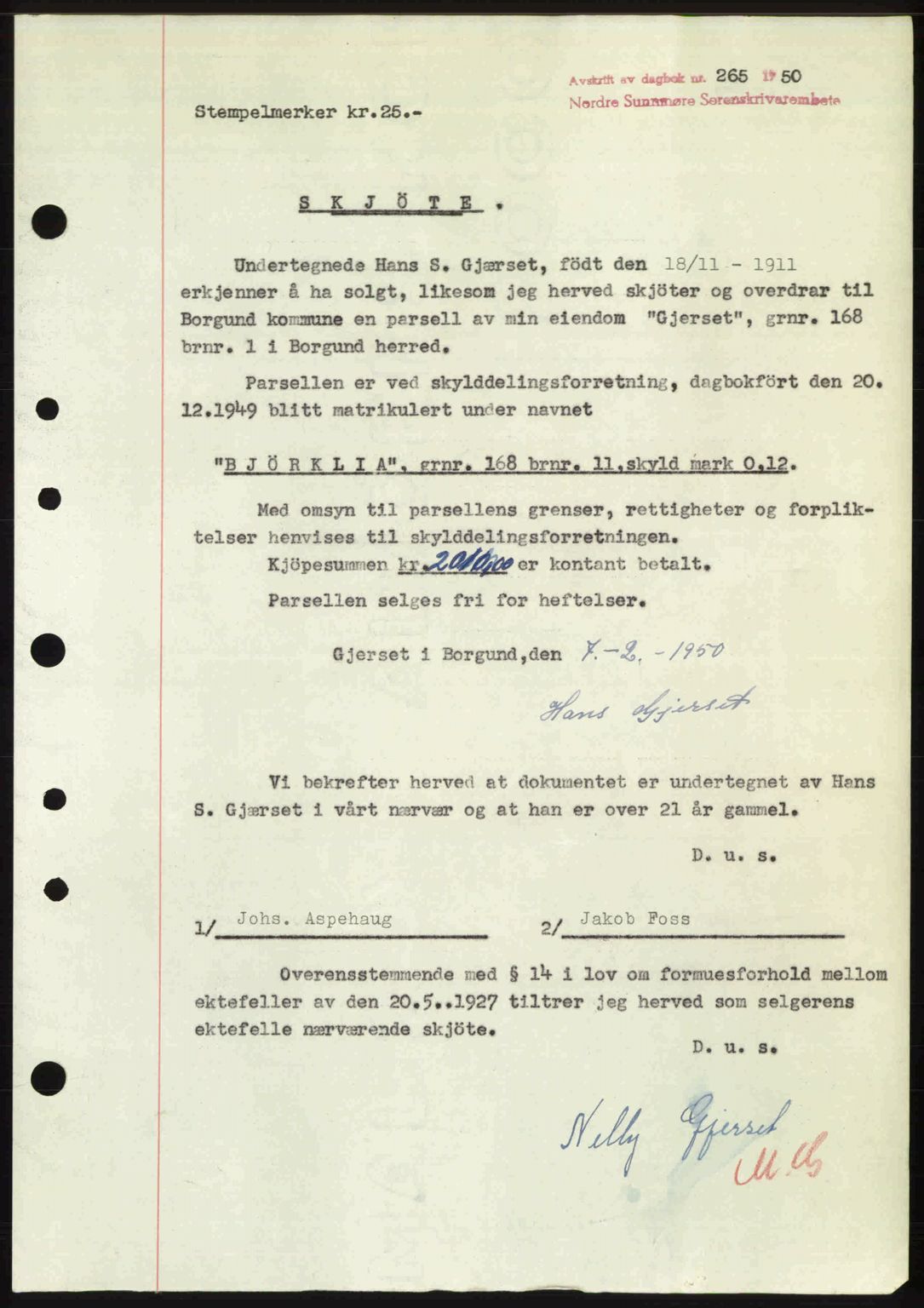 Nordre Sunnmøre sorenskriveri, SAT/A-0006/1/2/2C/2Ca: Pantebok nr. A33, 1949-1950, Dagboknr: 265/1950