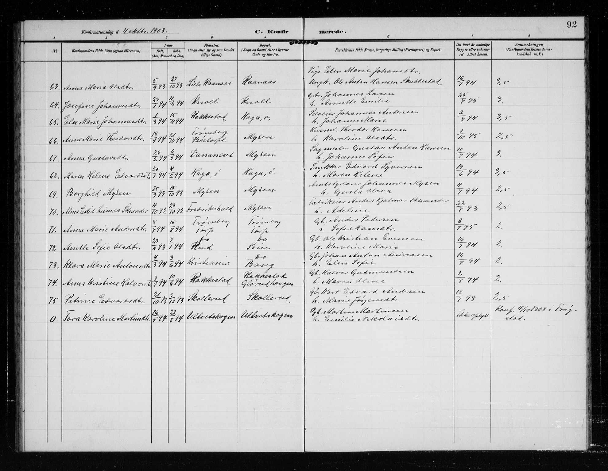 Eidsberg prestekontor Kirkebøker, AV/SAO-A-10905/G/Ga/L0002: Klokkerbok nr. I 2, 1903-1913, s. 92
