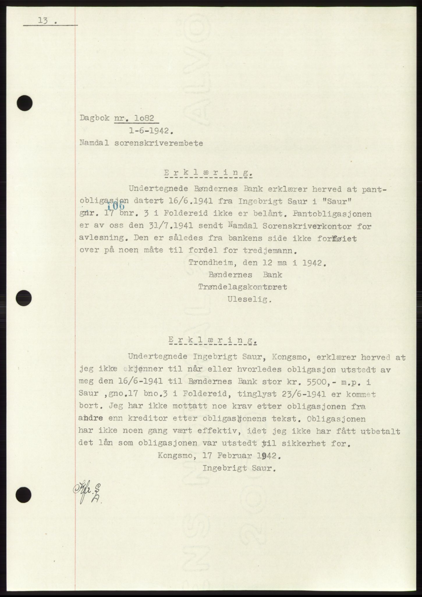 Namdal sorenskriveri, SAT/A-4133/1/2/2C: Pantebok nr. -, 1941-1942, Dagboknr: 1082/1942