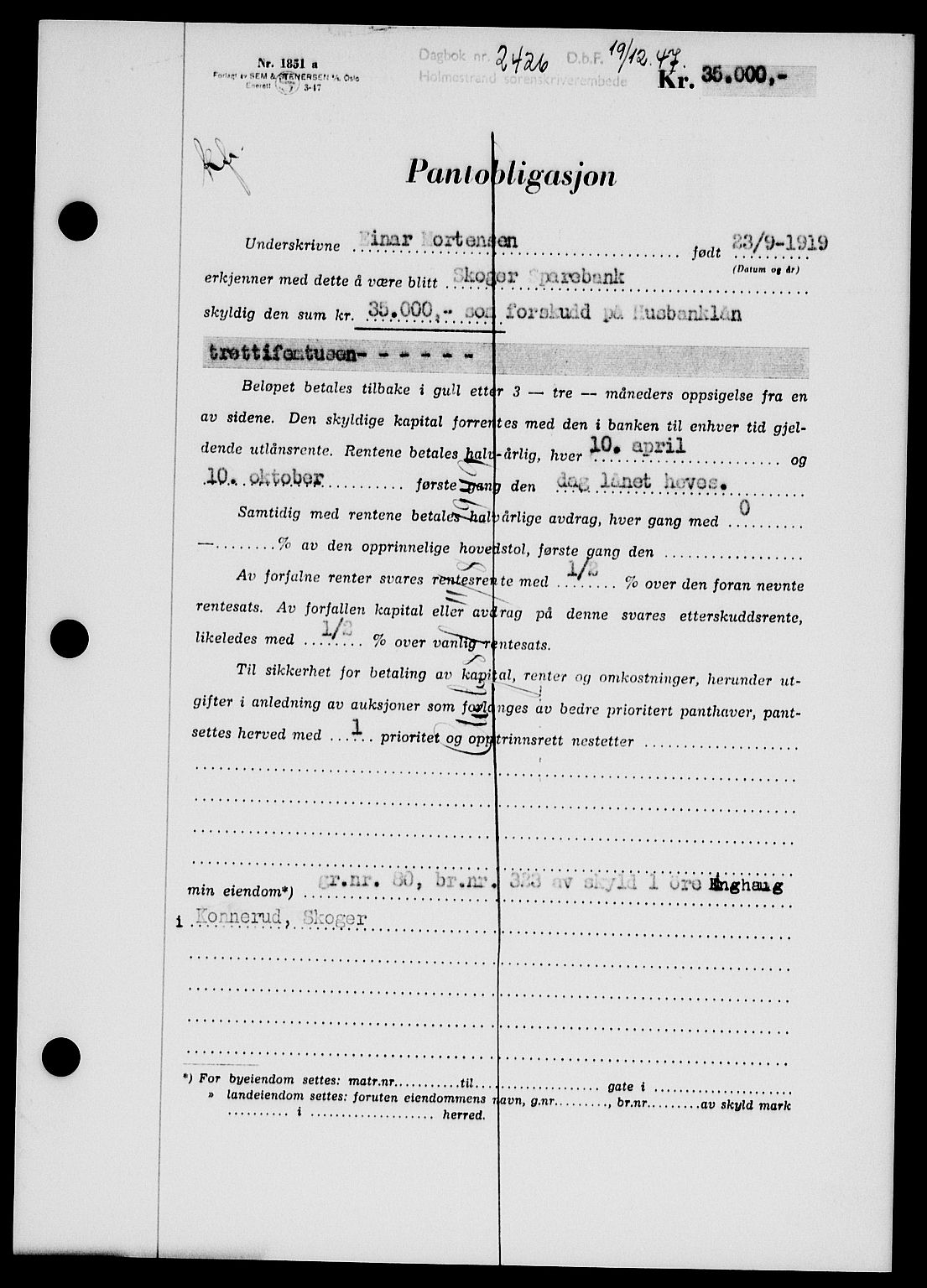 Holmestrand sorenskriveri, SAKO/A-67/G/Ga/Gab/L0058: Pantebok nr. B-58, 1947-1948, Dagboknr: 2426/1947