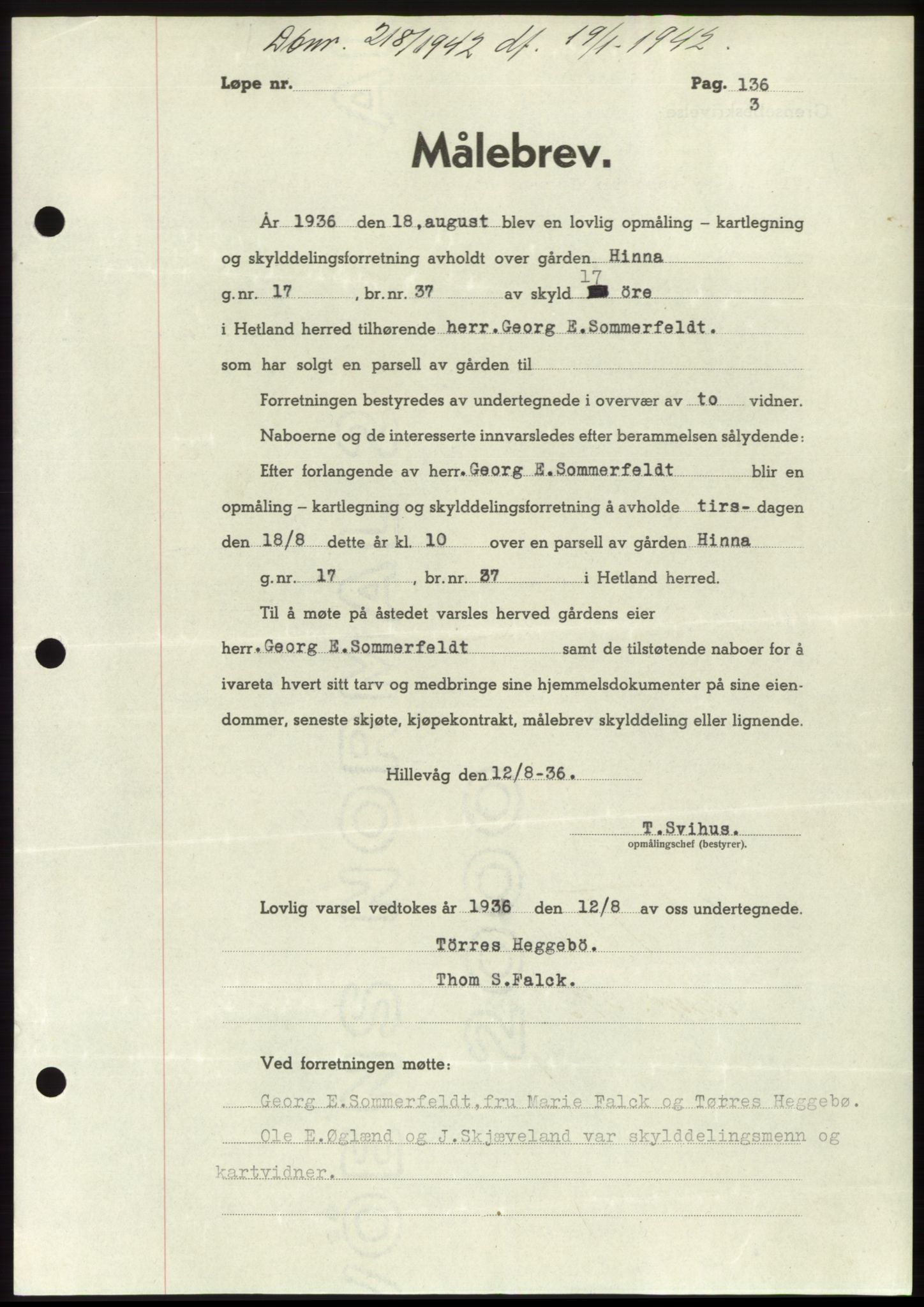 Jæren sorenskriveri, SAST/A-100310/03/G/Gba/L0082: Pantebok, 1942-1942, Dagboknr: 218/1942