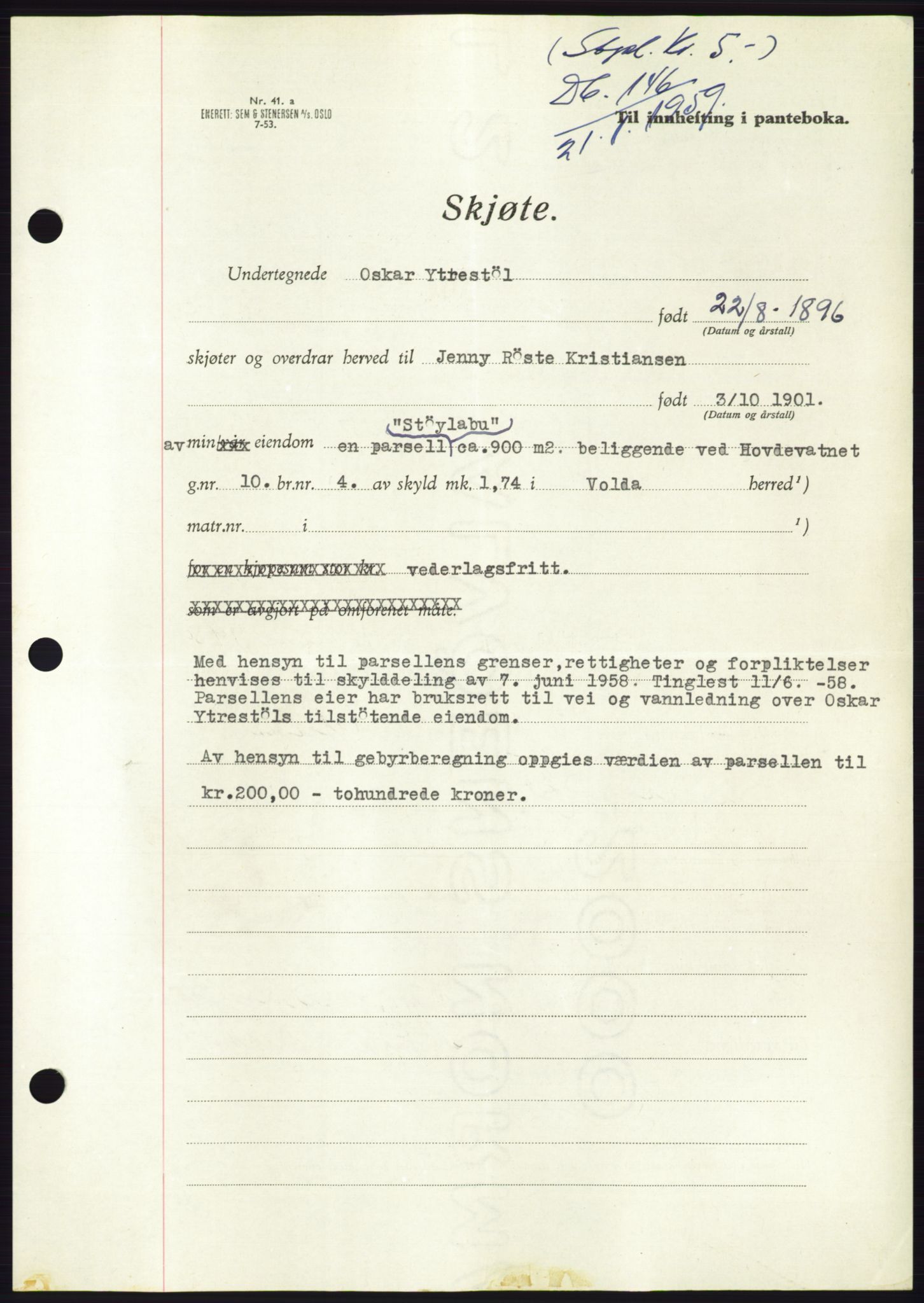 Søre Sunnmøre sorenskriveri, SAT/A-4122/1/2/2C/L0111: Pantebok nr. 37A, 1958-1959, Dagboknr: 149/1959