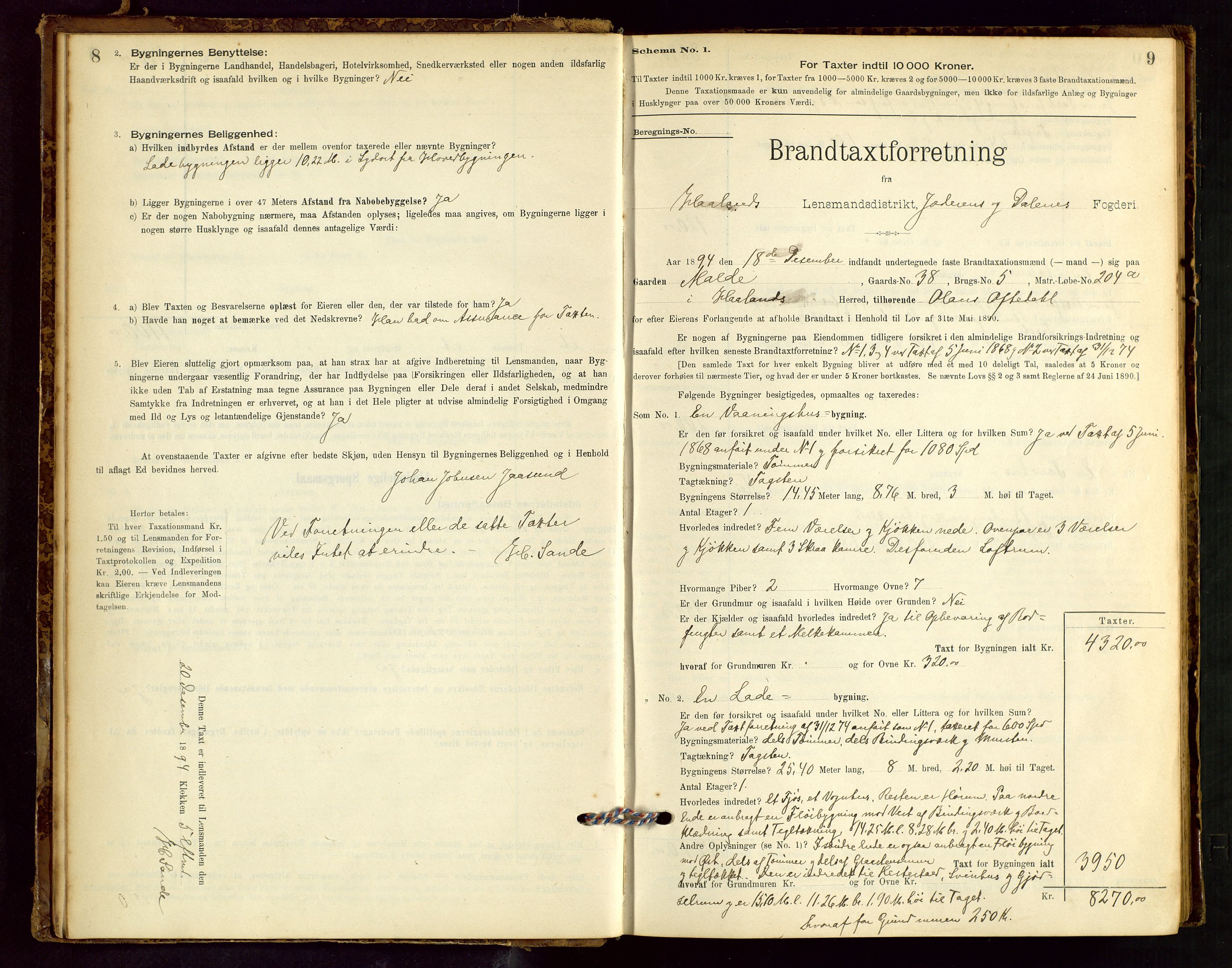 Håland lensmannskontor, AV/SAST-A-100100/Gob/L0001: Branntakstprotokoll - skjematakst. Register i boken., 1894-1902, s. 8-9