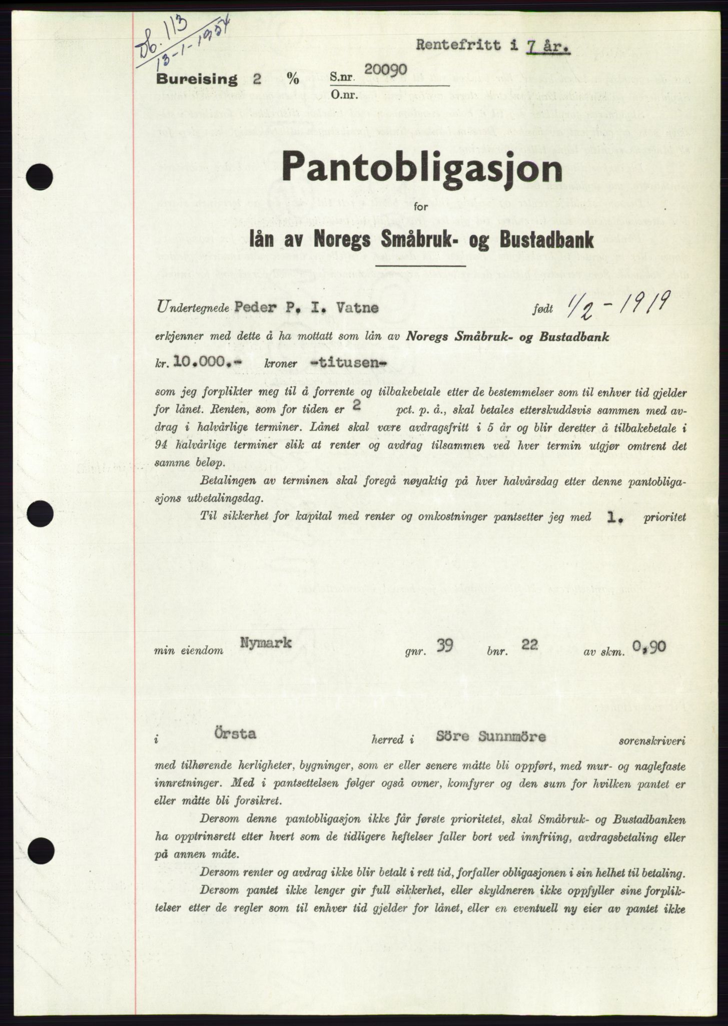 Søre Sunnmøre sorenskriveri, AV/SAT-A-4122/1/2/2C/L0124: Pantebok nr. 12B, 1953-1954, Dagboknr: 113/1954
