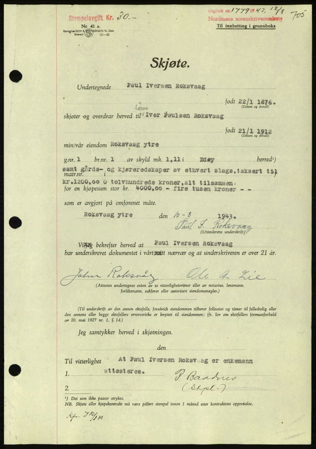 Nordmøre sorenskriveri, AV/SAT-A-4132/1/2/2Ca: Pantebok nr. A95, 1943-1943, Dagboknr: 1779/1943