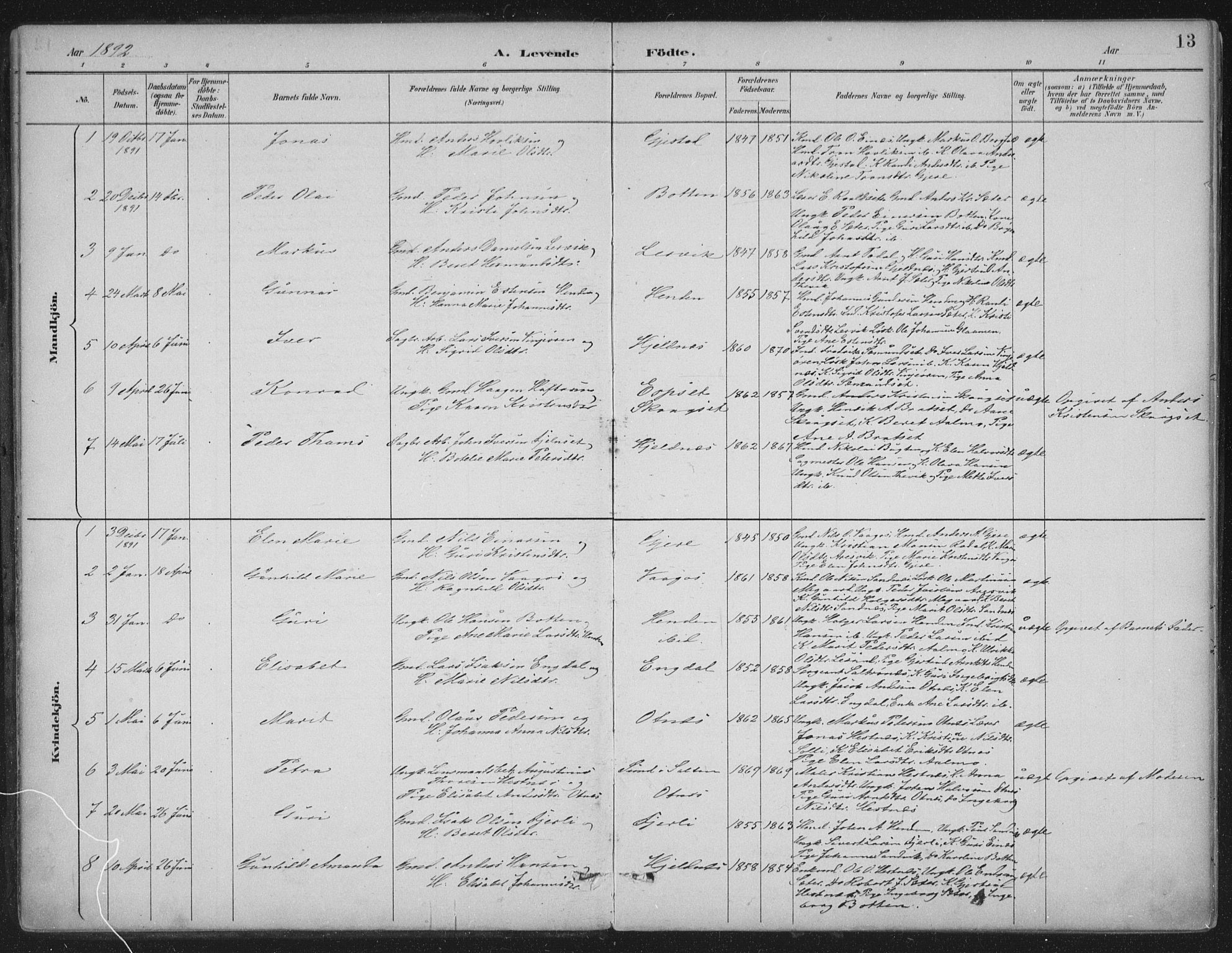 Ministerialprotokoller, klokkerbøker og fødselsregistre - Møre og Romsdal, AV/SAT-A-1454/580/L0925: Ministerialbok nr. 580A02, 1888-1913, s. 13