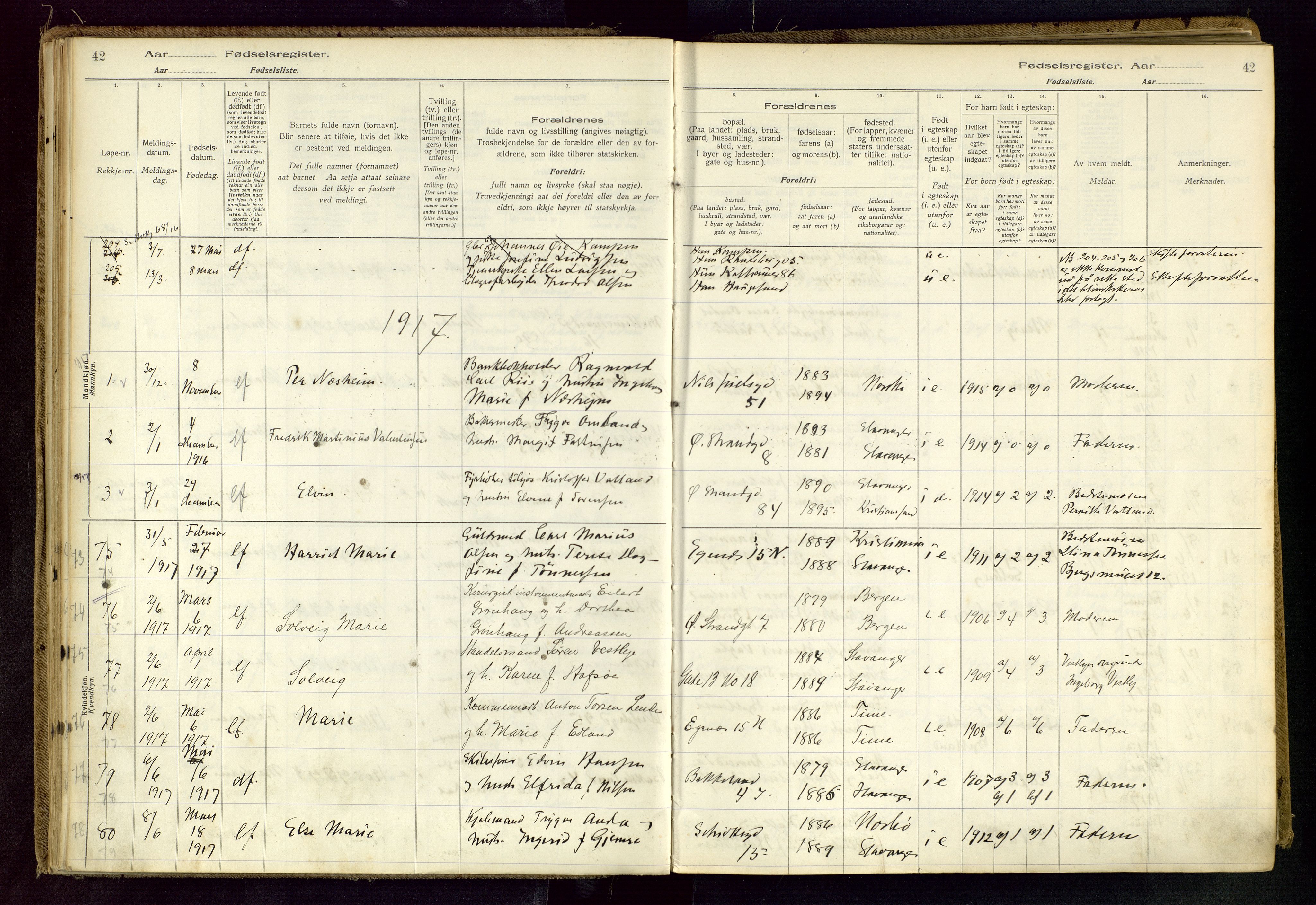 Domkirken sokneprestkontor, SAST/A-101812/002/B/L0001: Fødselsregister nr. 1, 1916-1920, s. 42