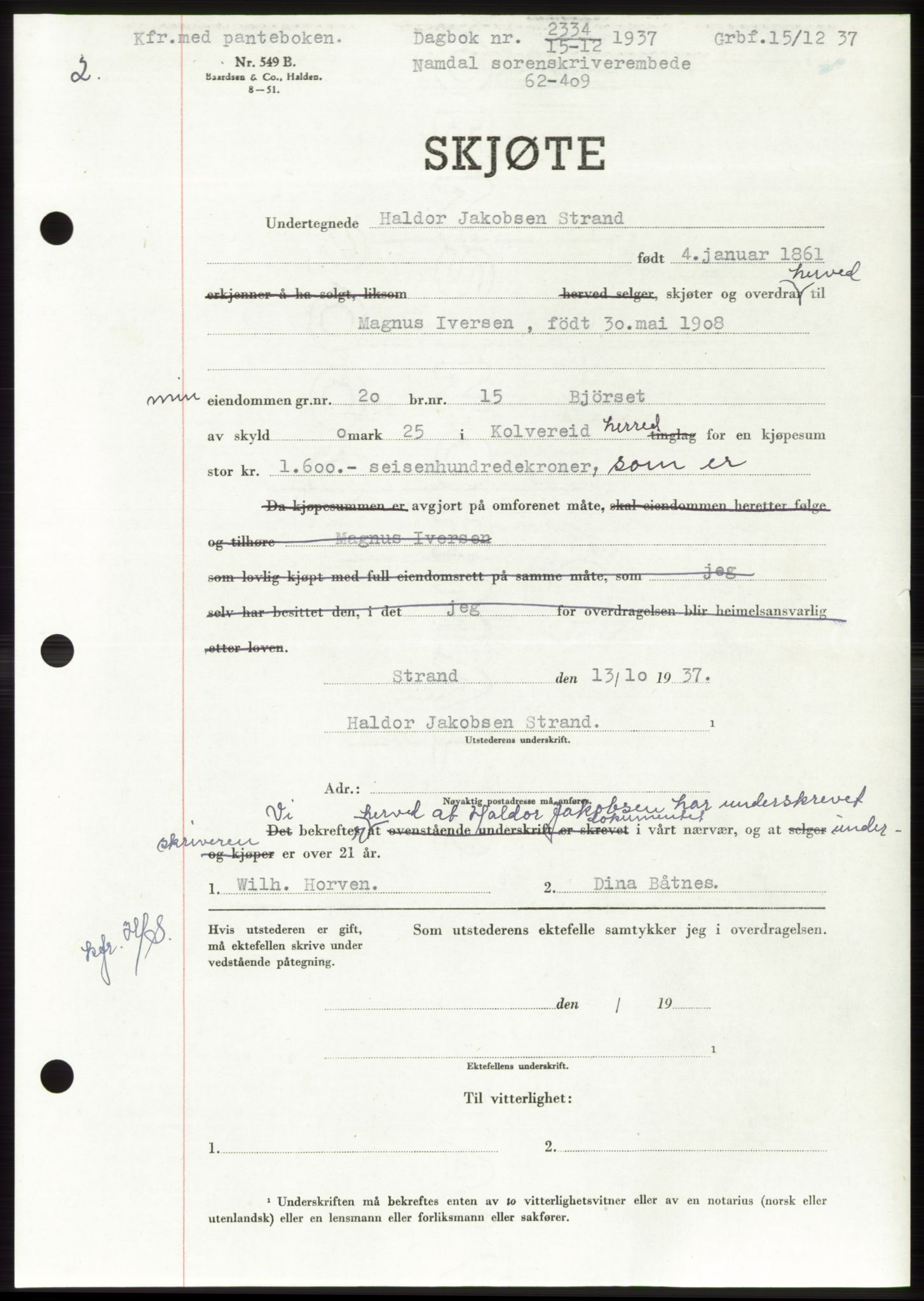 Namdal sorenskriveri, SAT/A-4133/1/2/2C: Pantebok nr. -, 1937-1939, Tingl.dato: 15.12.1937