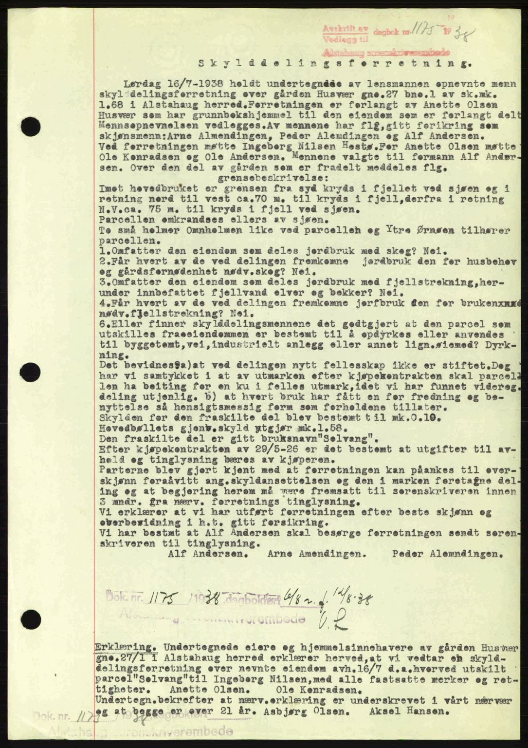 Alstahaug sorenskriveri, SAT/A-1009: Pantebok nr. A3, 1937-1938, Dagboknr: 1175/1938