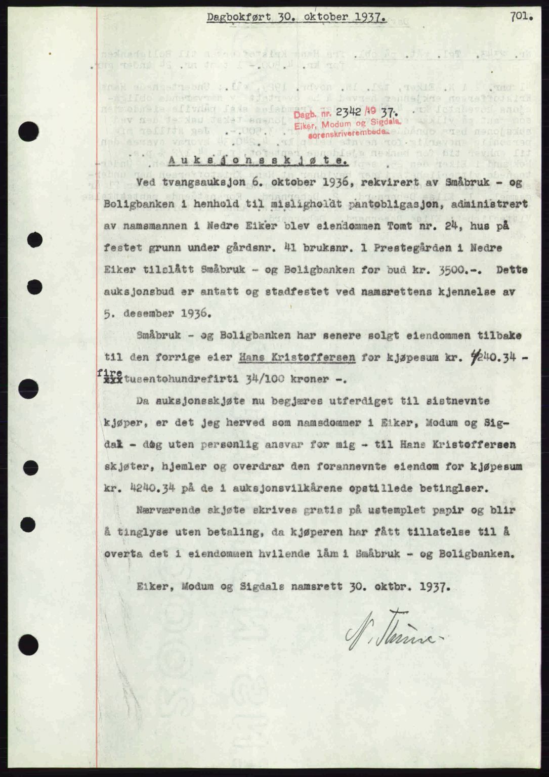 Eiker, Modum og Sigdal sorenskriveri, SAKO/A-123/G/Ga/Gab/L0036: Pantebok nr. A6, 1937-1937, Dagboknr: 2342/1937
