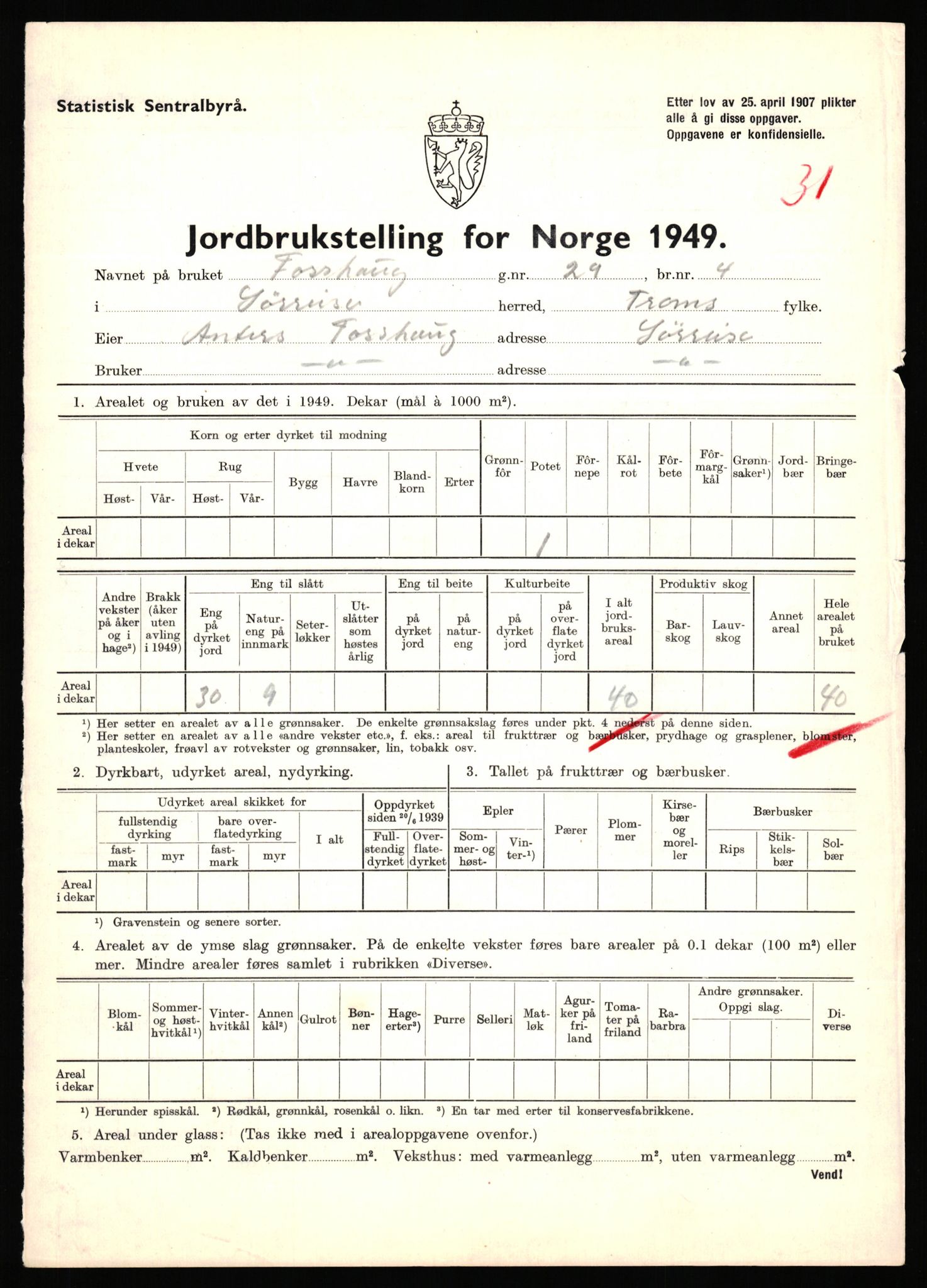 Statistisk sentralbyrå, Næringsøkonomiske emner, Jordbruk, skogbruk, jakt, fiske og fangst, AV/RA-S-2234/G/Gc/L0440: Troms: Sørreisa og Dyrøy, 1949, s. 535