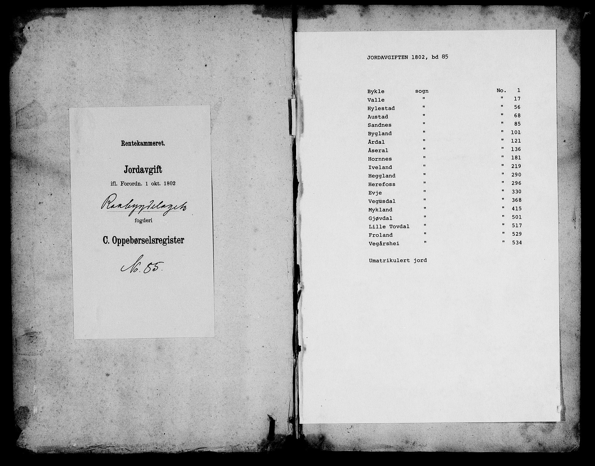 Rentekammeret inntil 1814, Realistisk ordnet avdeling, RA/EA-4070/N/Ne/Nea/L0085: Råbyggelag fogderi. Oppebørselsregister, 1803-1804, s. 1