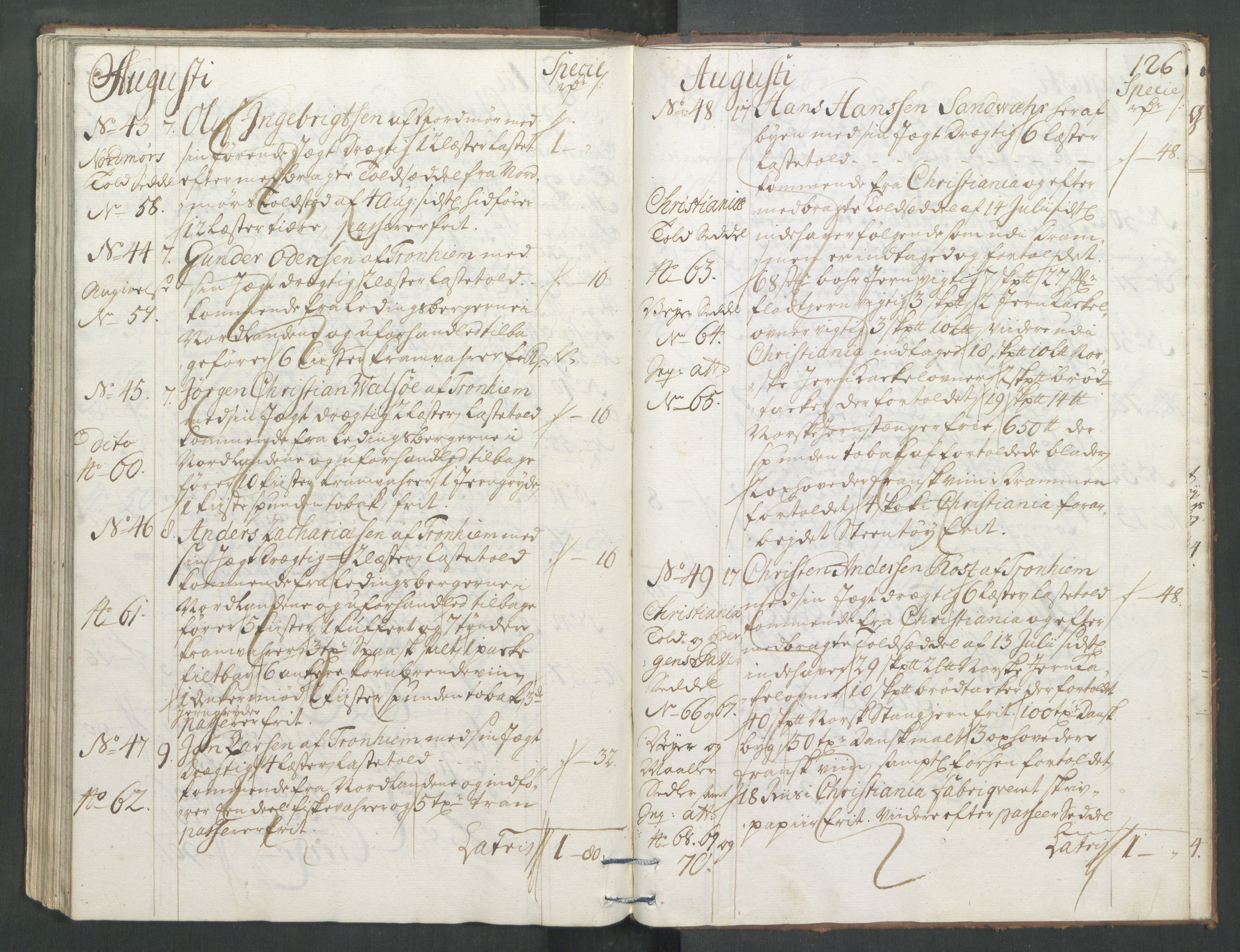 Generaltollkammeret, tollregnskaper, AV/RA-EA-5490/R33/L0013/0001: Tollregnskaper Trondheim A / Inngående tollbok, 1731, s. 125b-126a