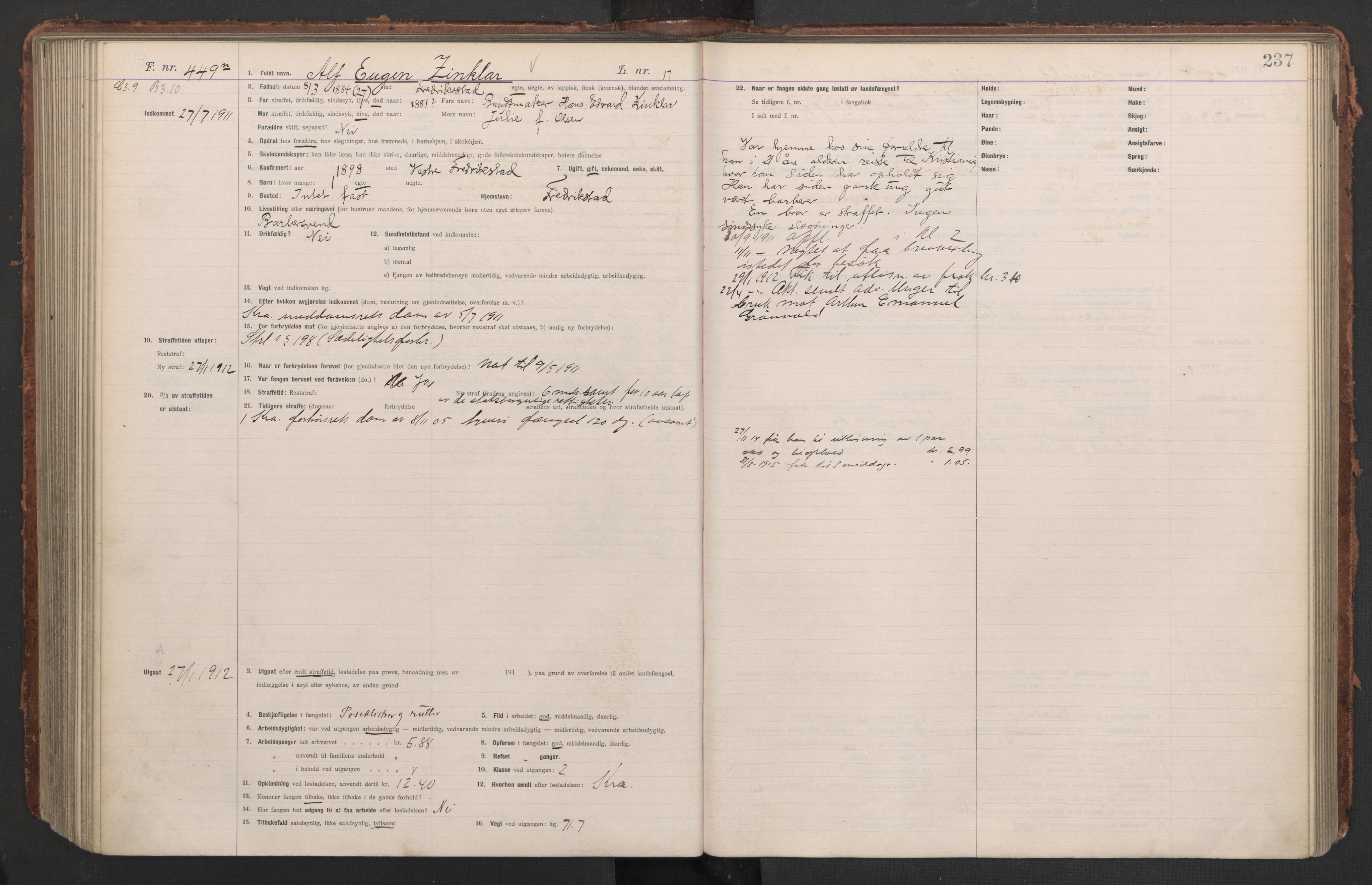 Botsfengslet, AV/RA-S-1539/D/Db/Dbb/L0044: 213n - 553n, 1910-1912, s. 237