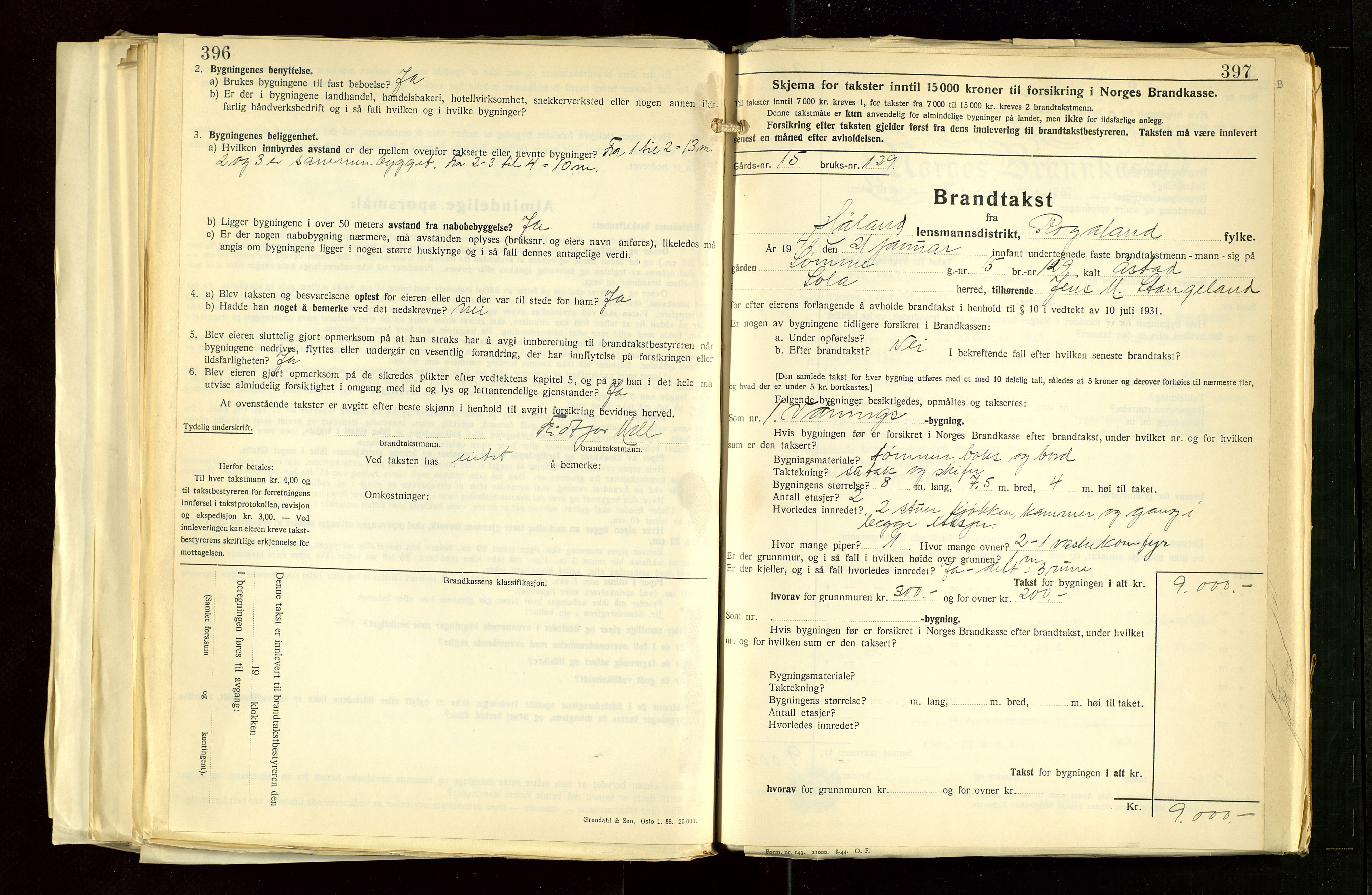 Håland lensmannskontor, AV/SAST-A-100100/Gob/L0012: "Brandtakstprotokoll" - skjematakst. Register i boken., 1938-1941, s. 396-397