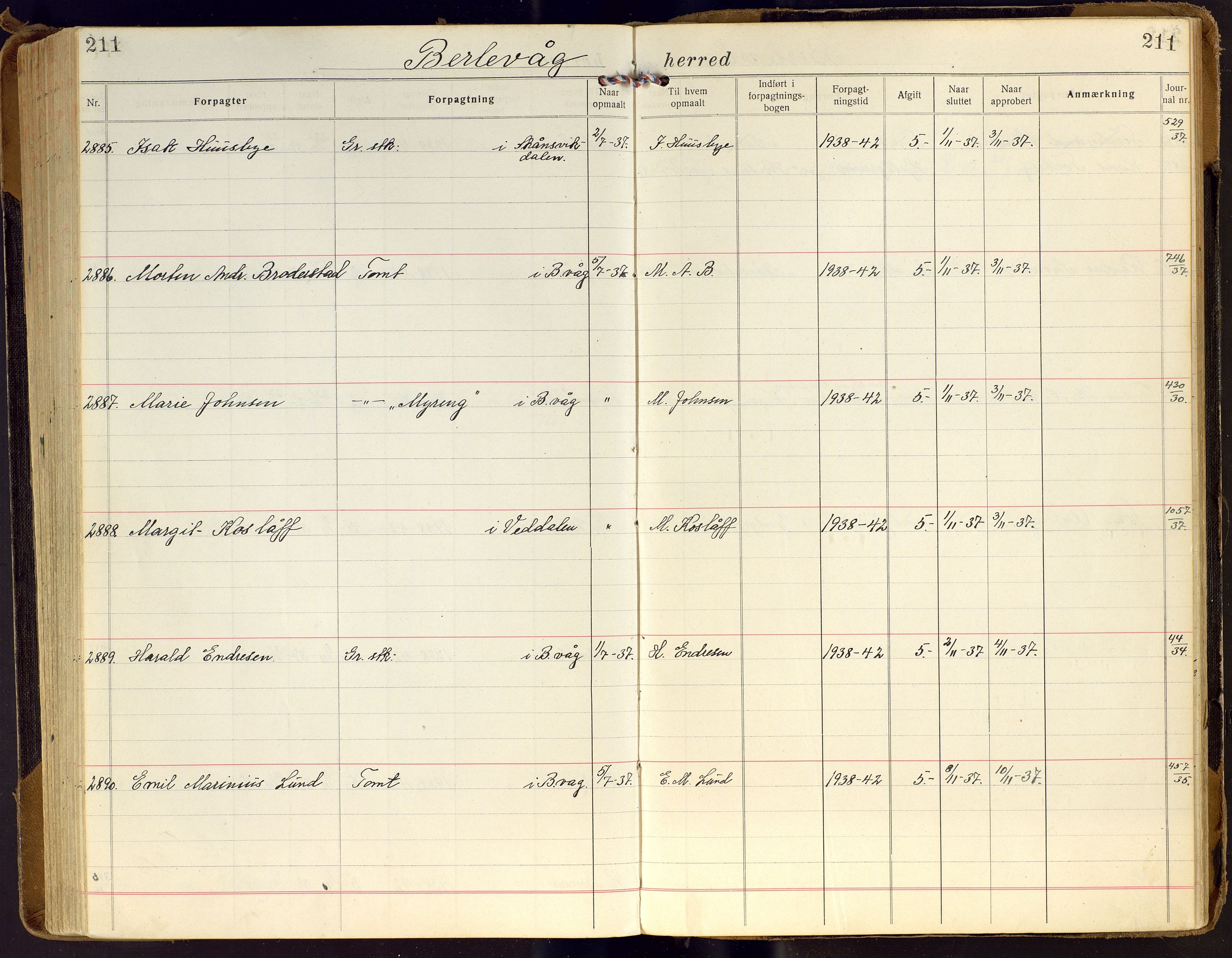 Finnmark jordsalgskommisjon/jordsalgskontor og Statskog SF Finnmark jordsalgskontor, AV/SATØ-S-1443/J/Ja/L0006: Forpaktningsbok for Finnmark II, 1916-1947, s. 211