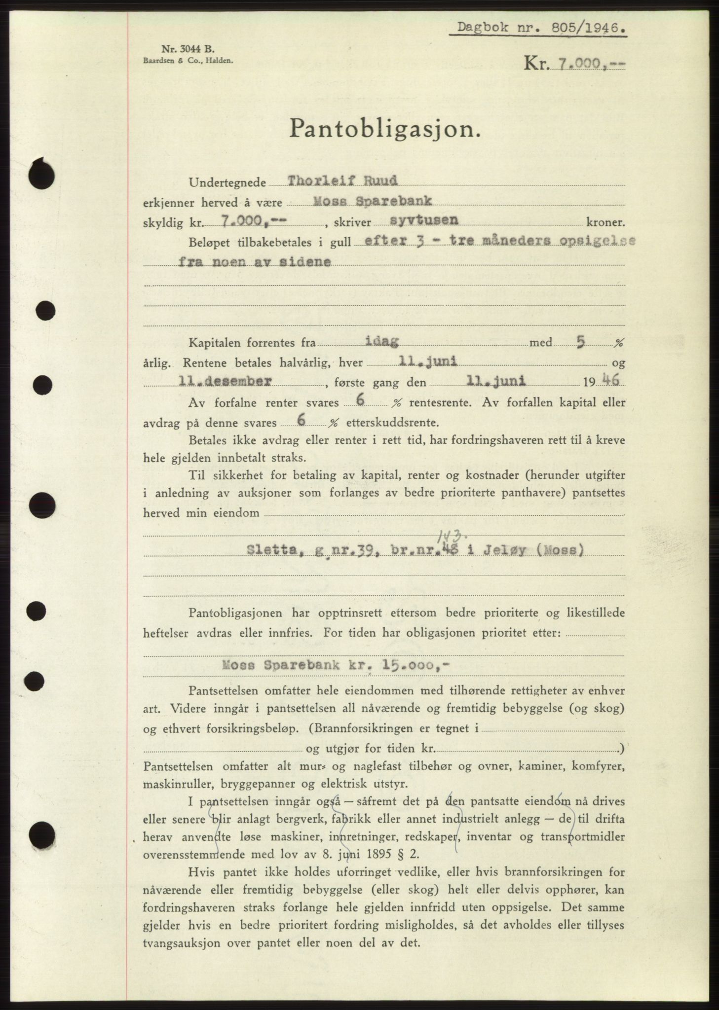 Moss sorenskriveri, SAO/A-10168: Pantebok nr. B15, 1946-1946, Dagboknr: 805/1946